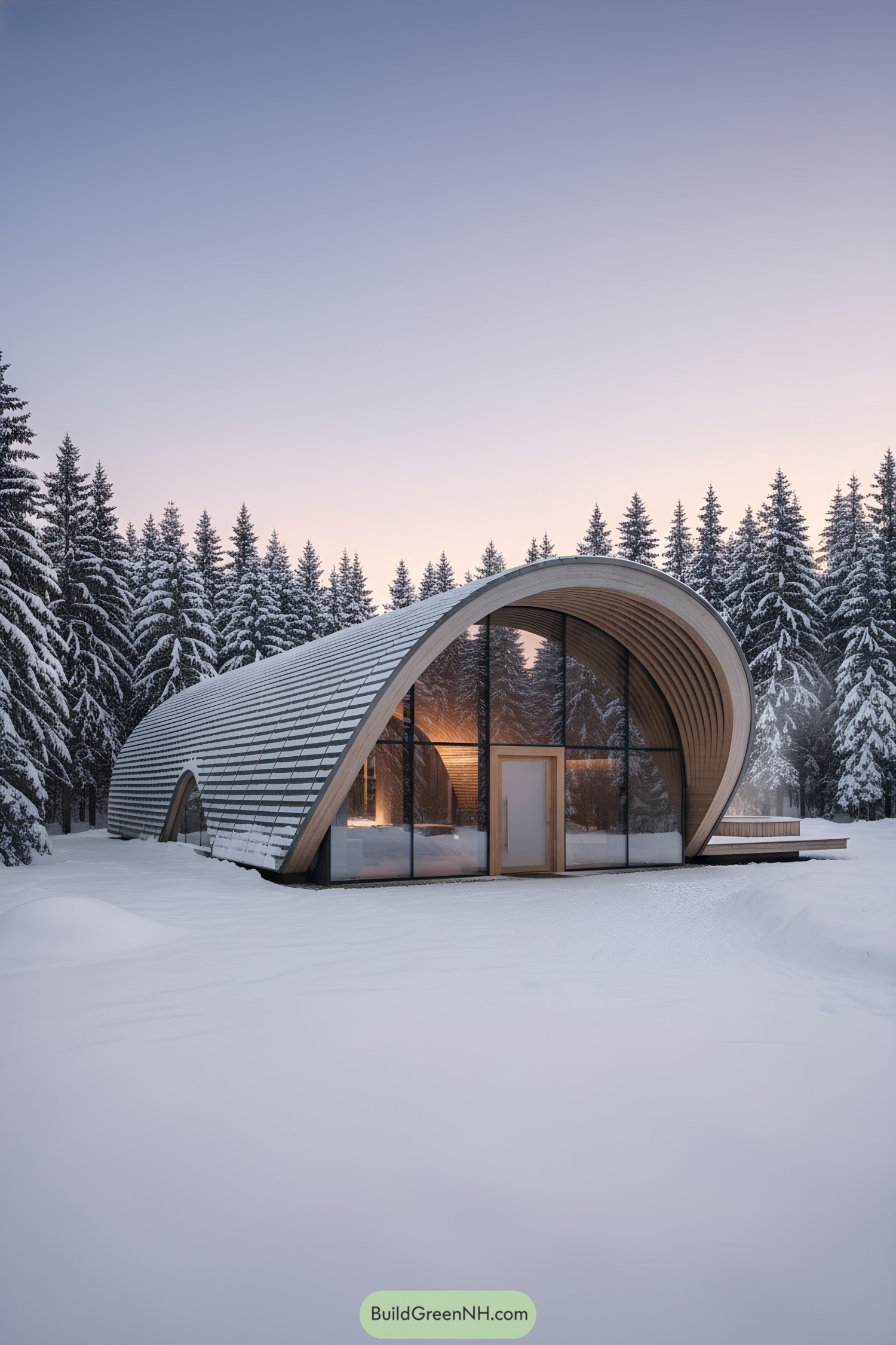 Curved timber cabin with glass facade in snowy pines