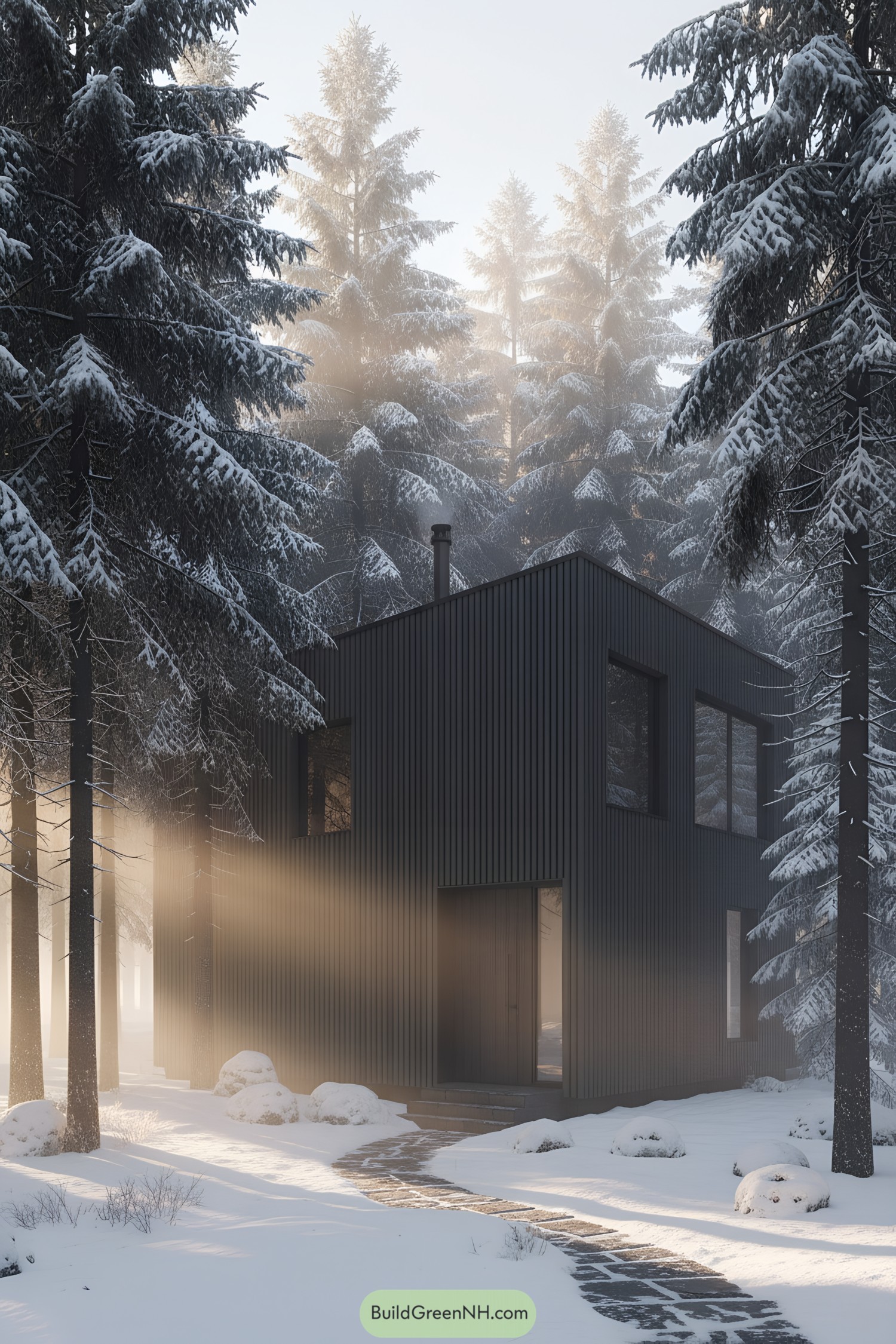 Dark cube cabin amid snowy firs