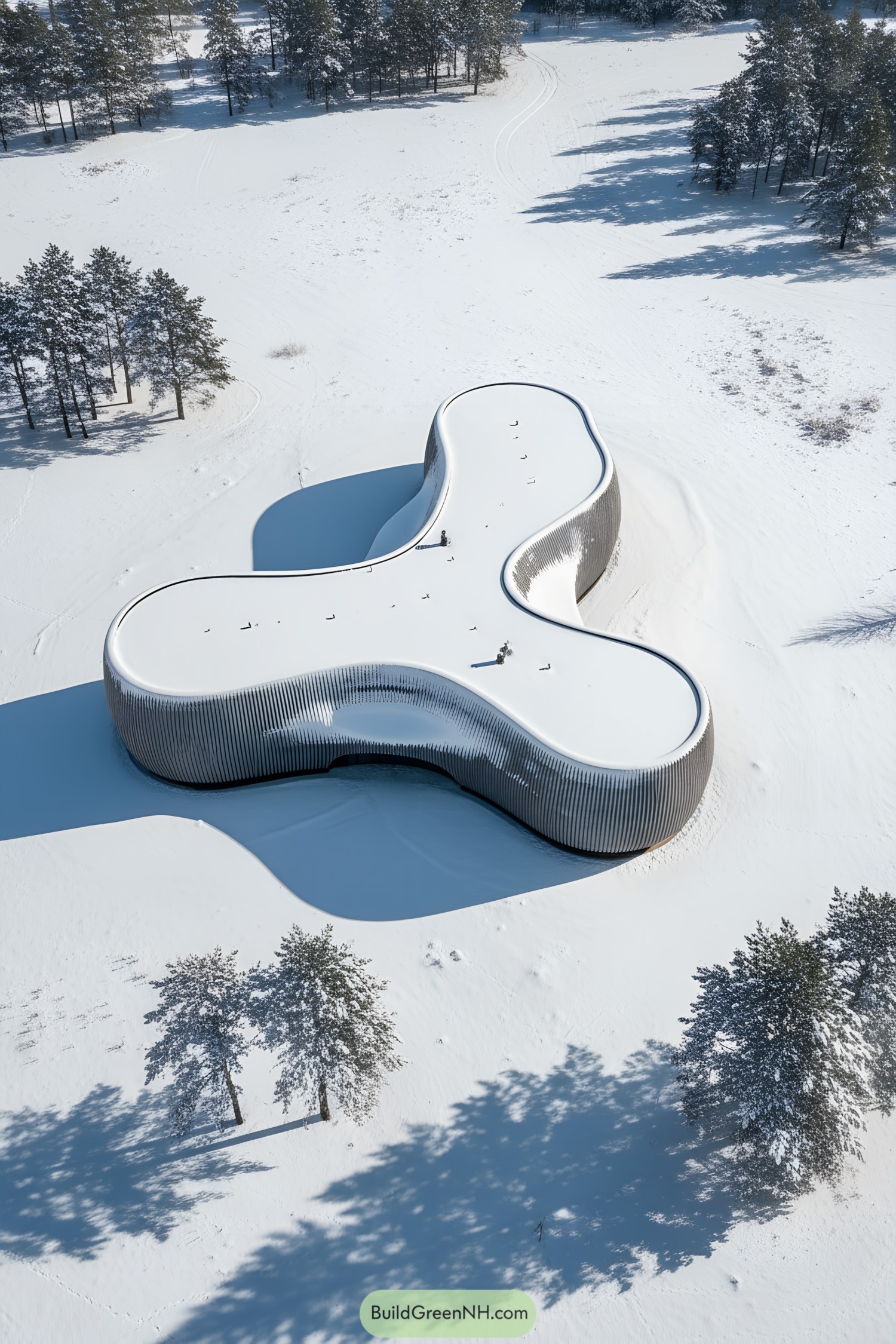 Organic snow-covered tri-lobed house in forest clearing