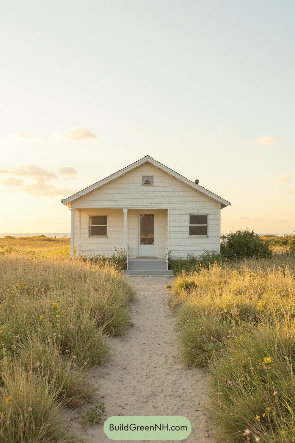 Small white cottage on sandy path at dusk