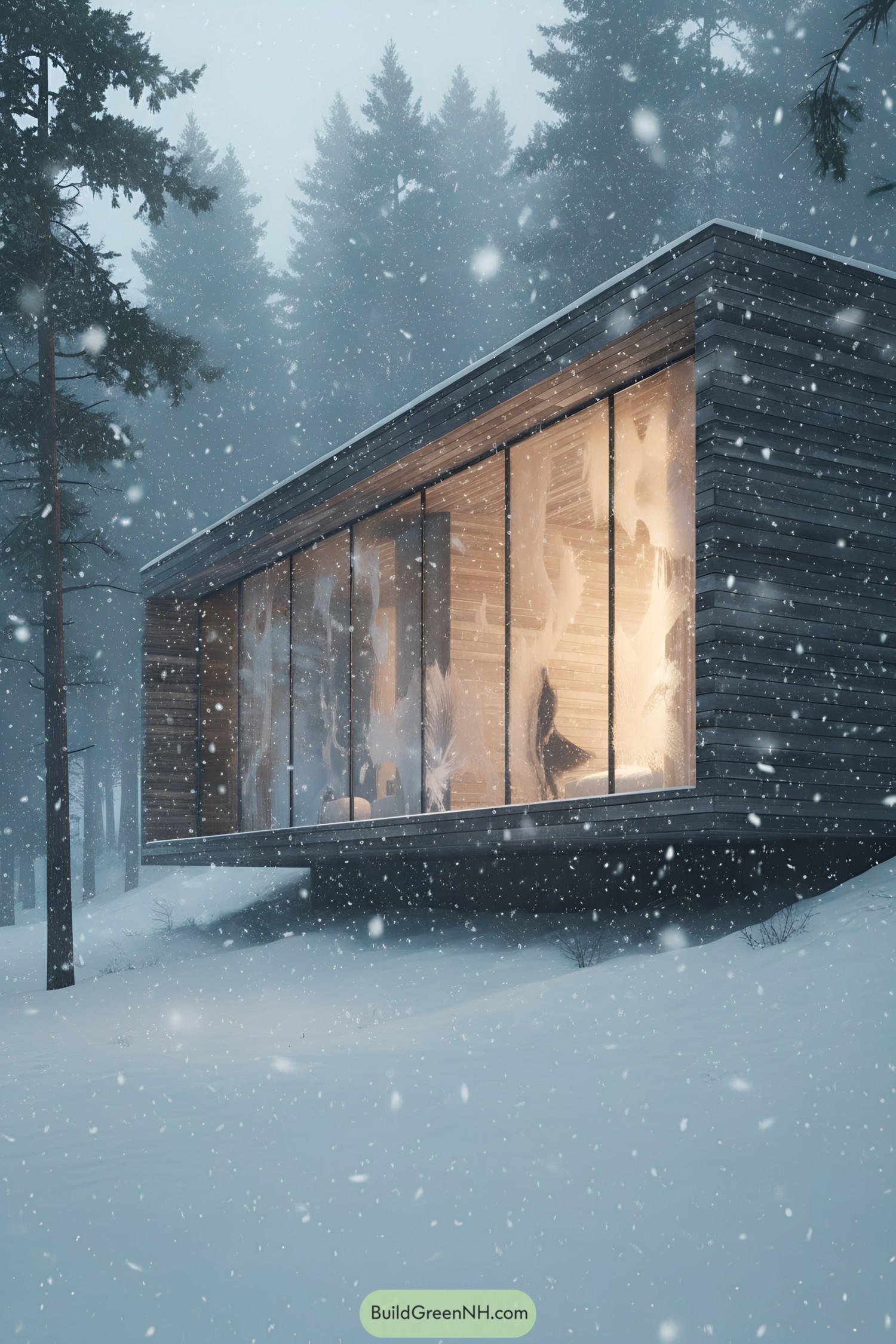 Modern wood cabin with full-height glass glowing in a snowy forest, elevated on a slope during snowfall
