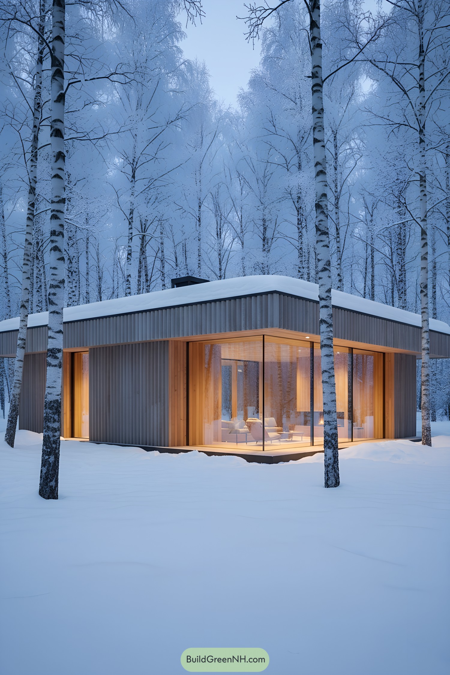 Modern cabin with glass corners in snowy birch forest