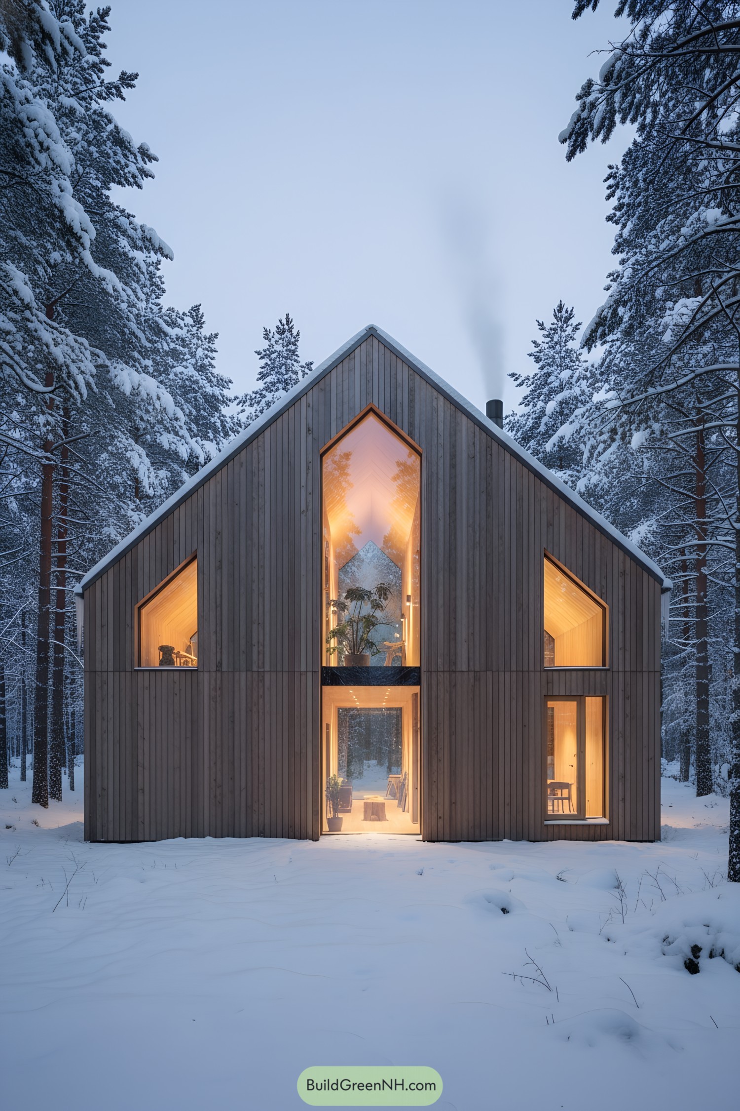 Tall gabled wood cabin glowing in snowy pines