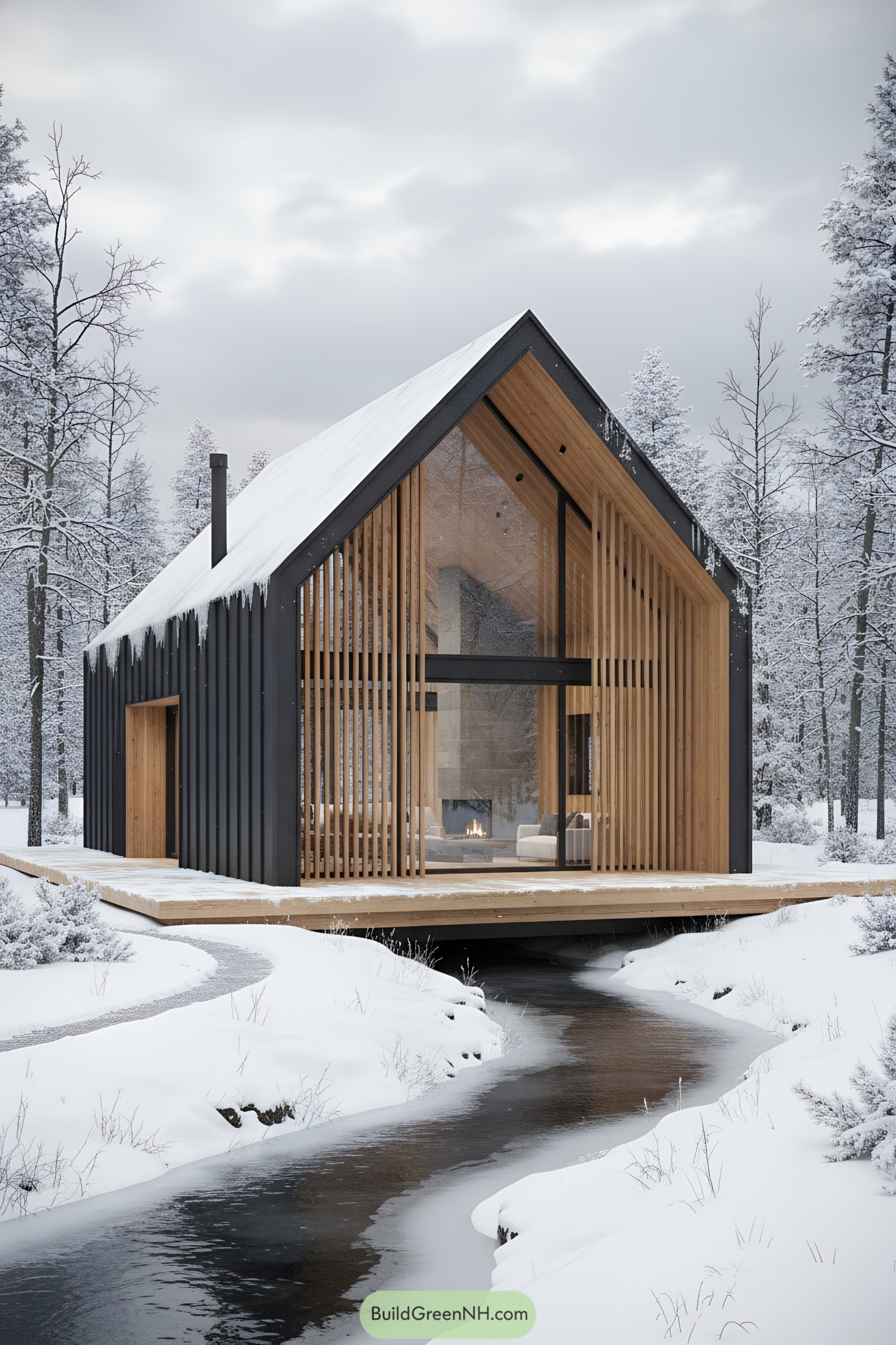 Modern gabled cabin with timber slats and glass facing a snowy creek