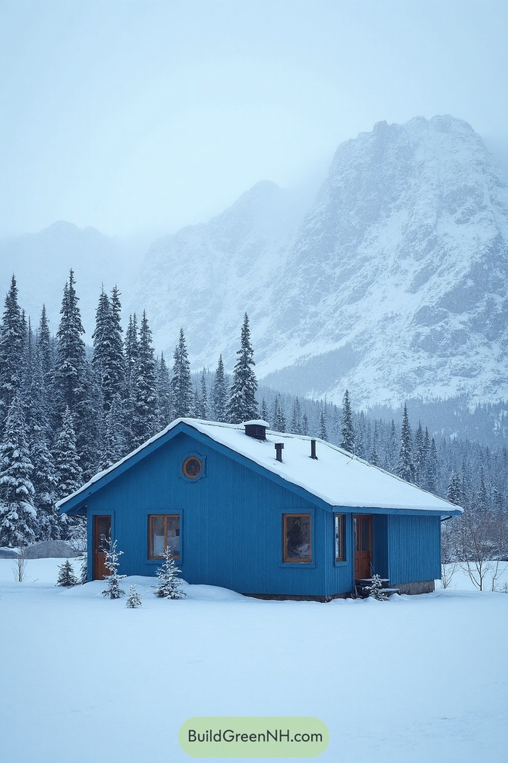 Blue cabin in snowy mountains