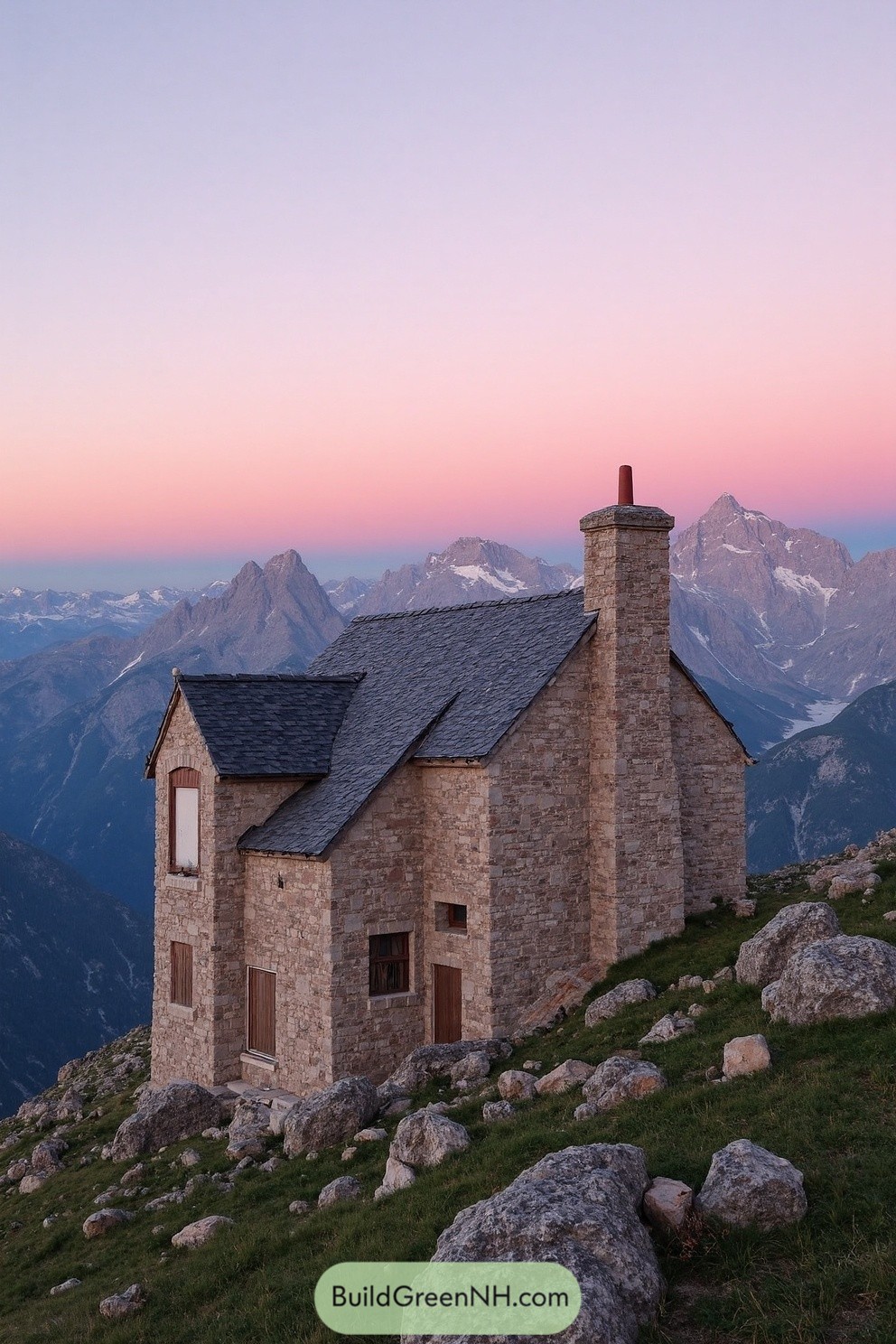 Stone cottage perched on a mountain at sunset