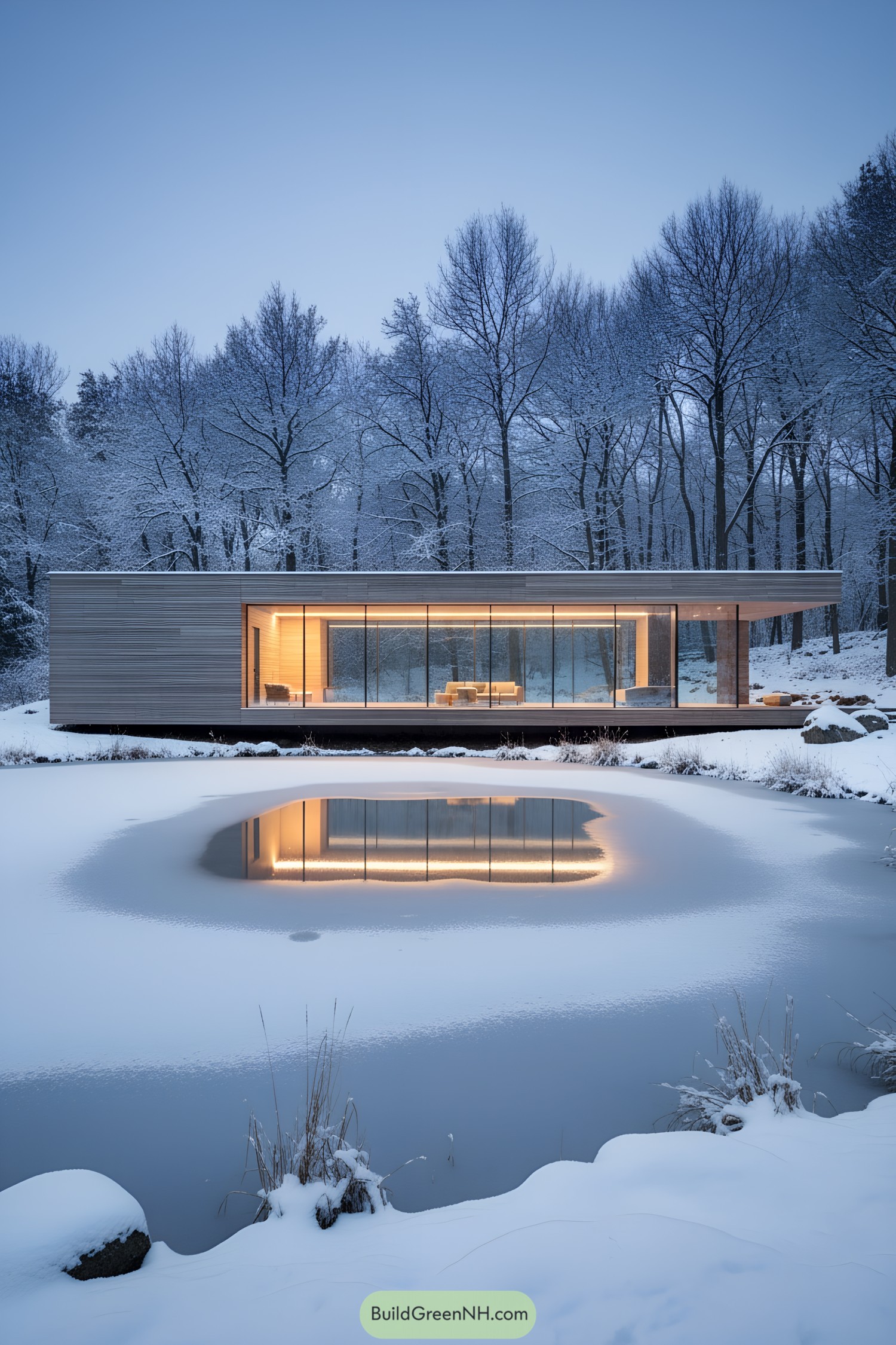 A horizontal modern structure near a snow-covered pond, clad in soft grey wood and fine horizontal slats. The glass panels along its front reflect both water and snow, merging the home with its environment. Inside, warm light spills across the frozen surface, while outside, the trees stand silent in the cold twilight. The atmosphere evokes balance and stillness — architecture as a quiet extension of nature’s geometry.