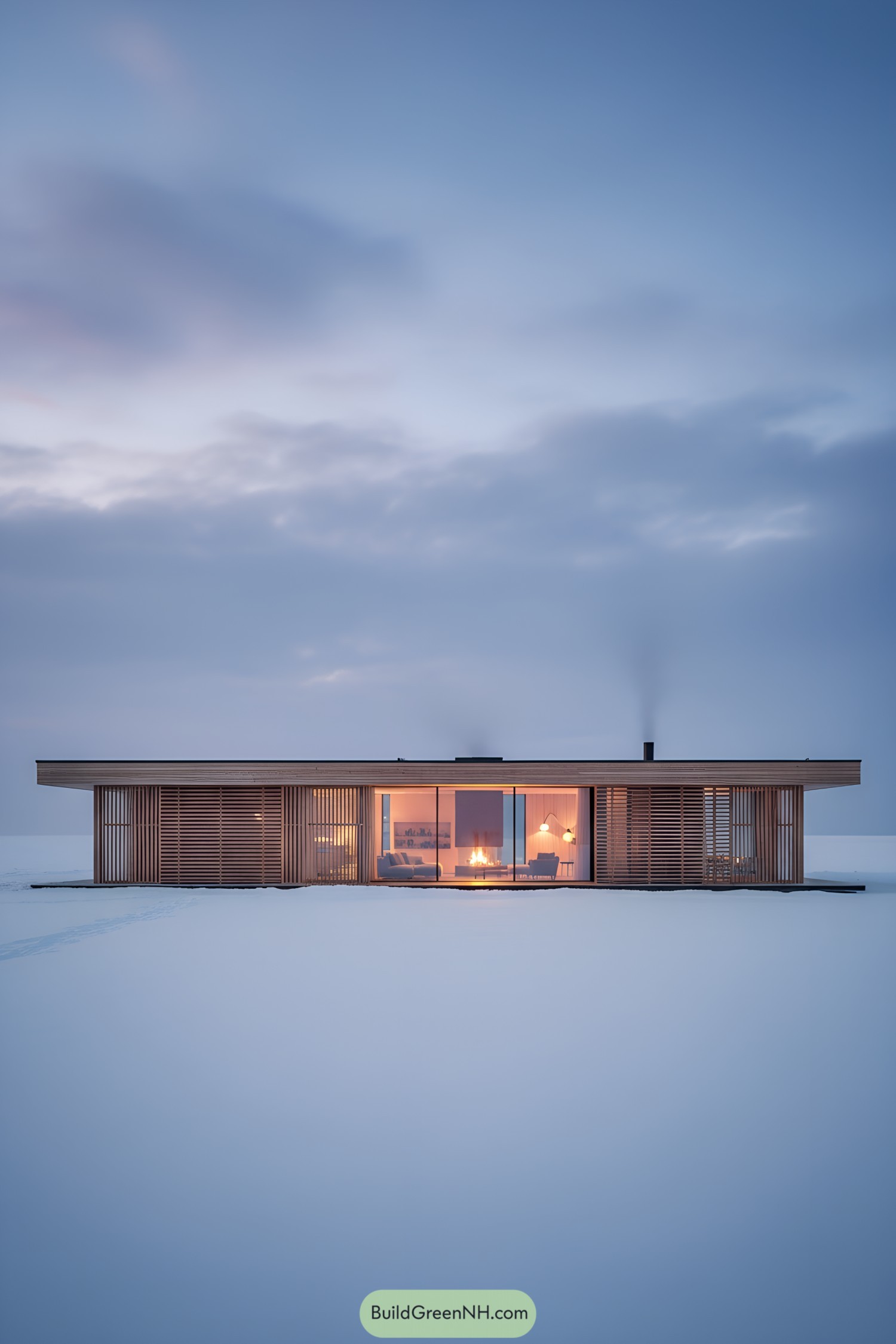 Minimalist wood pavilion with glowing interior