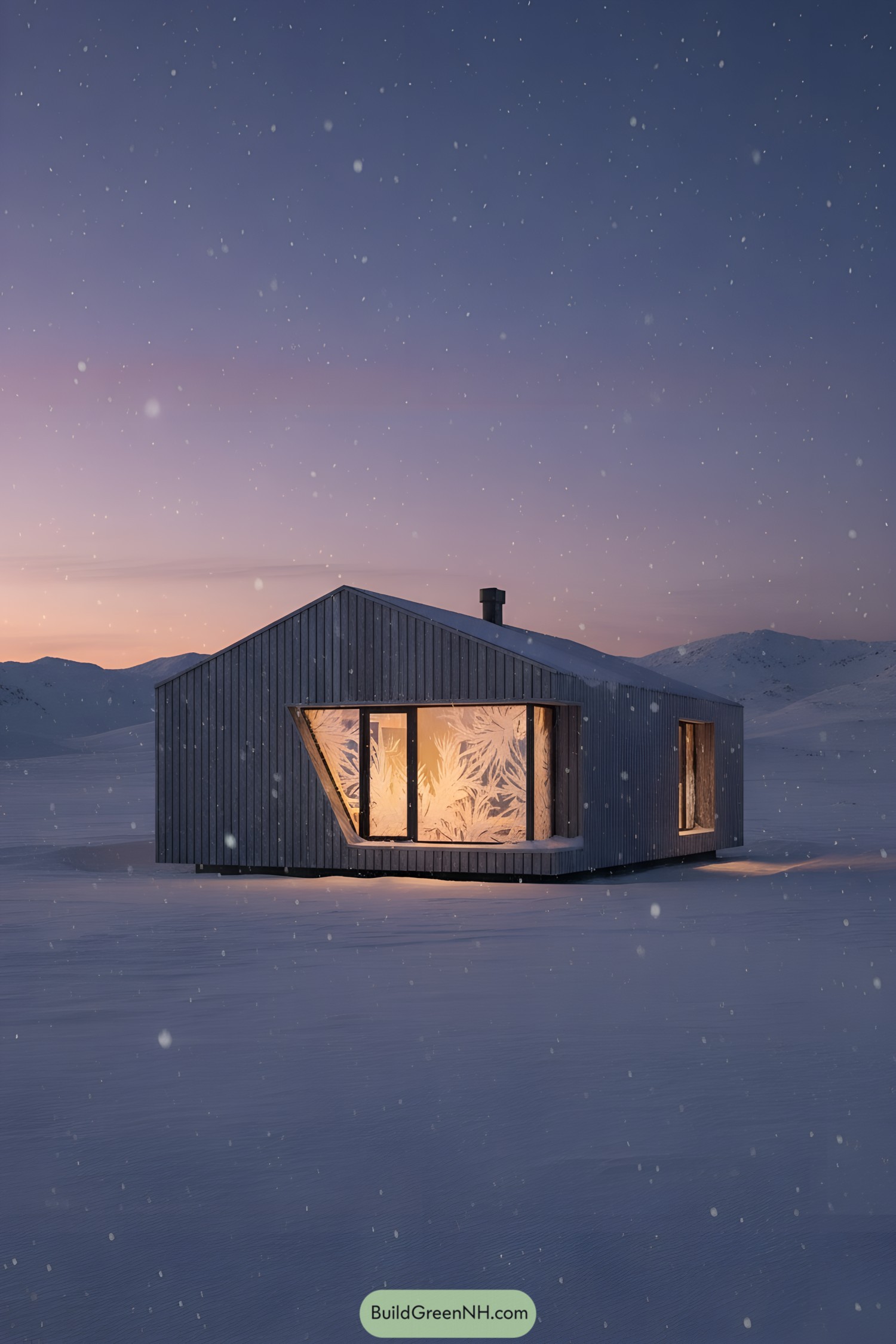 Small cabin glowing in snowy dusk landscape
