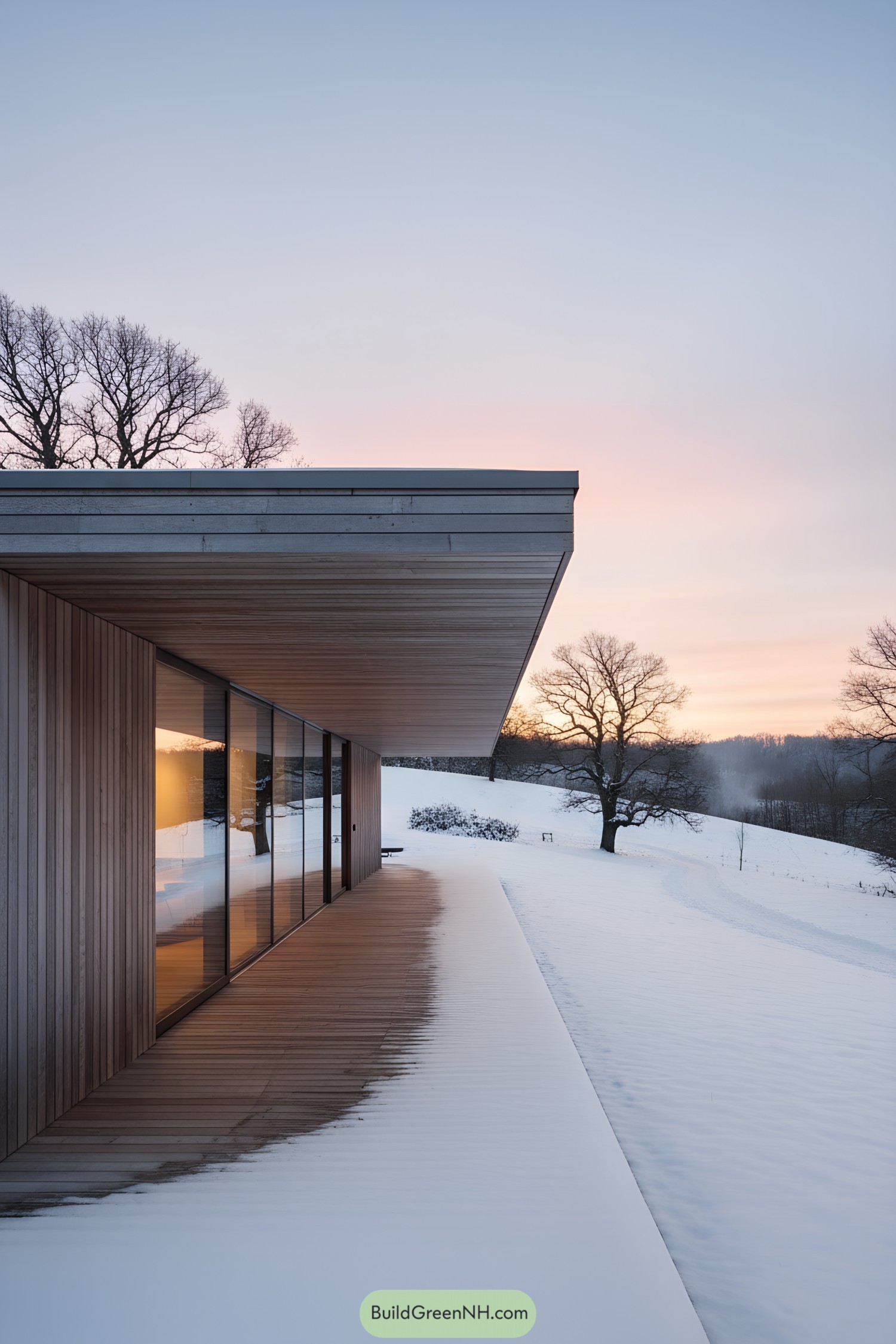 Modern timber cabin with deep overhang and floor-to-ceiling glass facing snowy meadow at sunset
