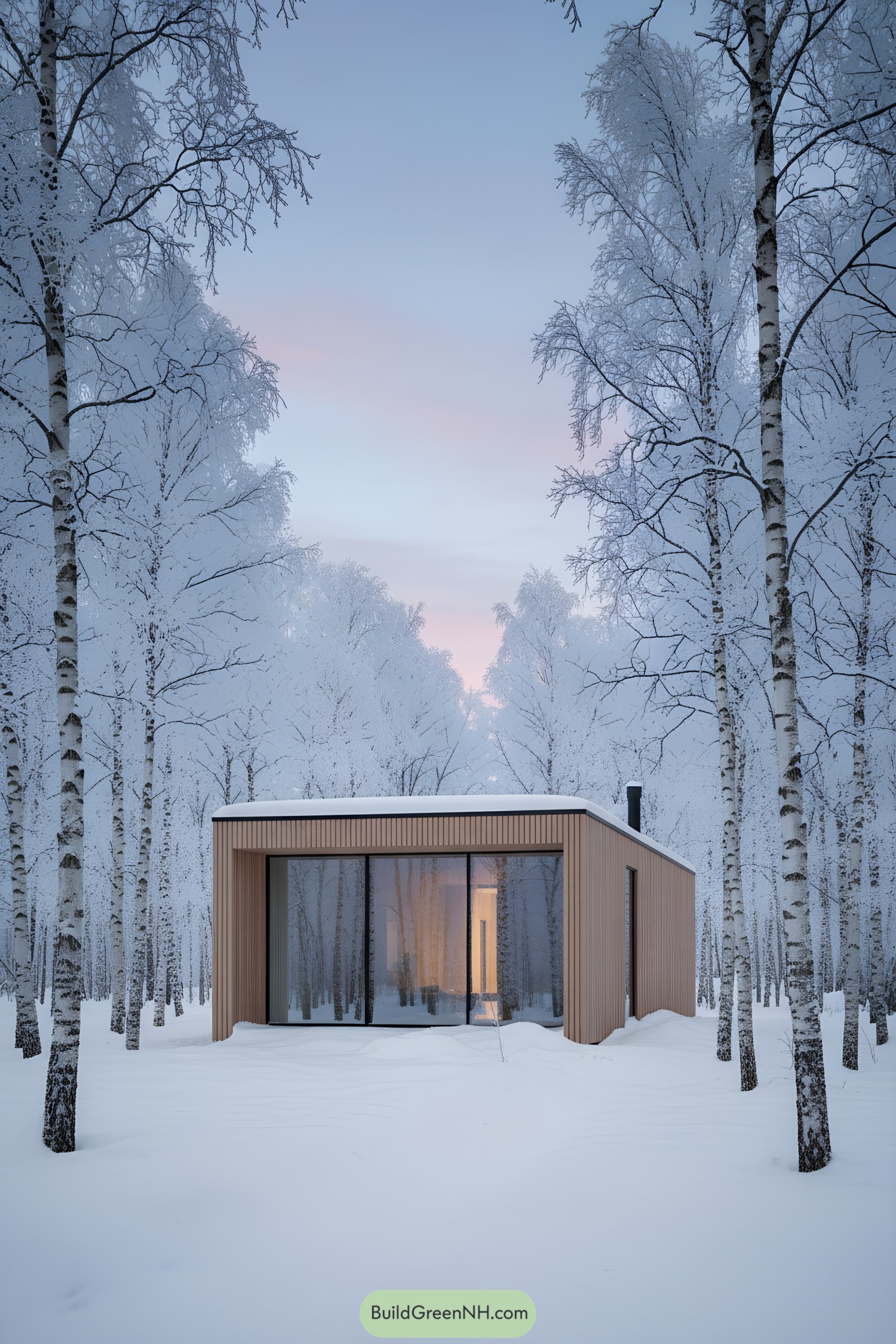 Minimalist cube cabin with floor-to-ceiling glass amid snowy birch trees at dusk