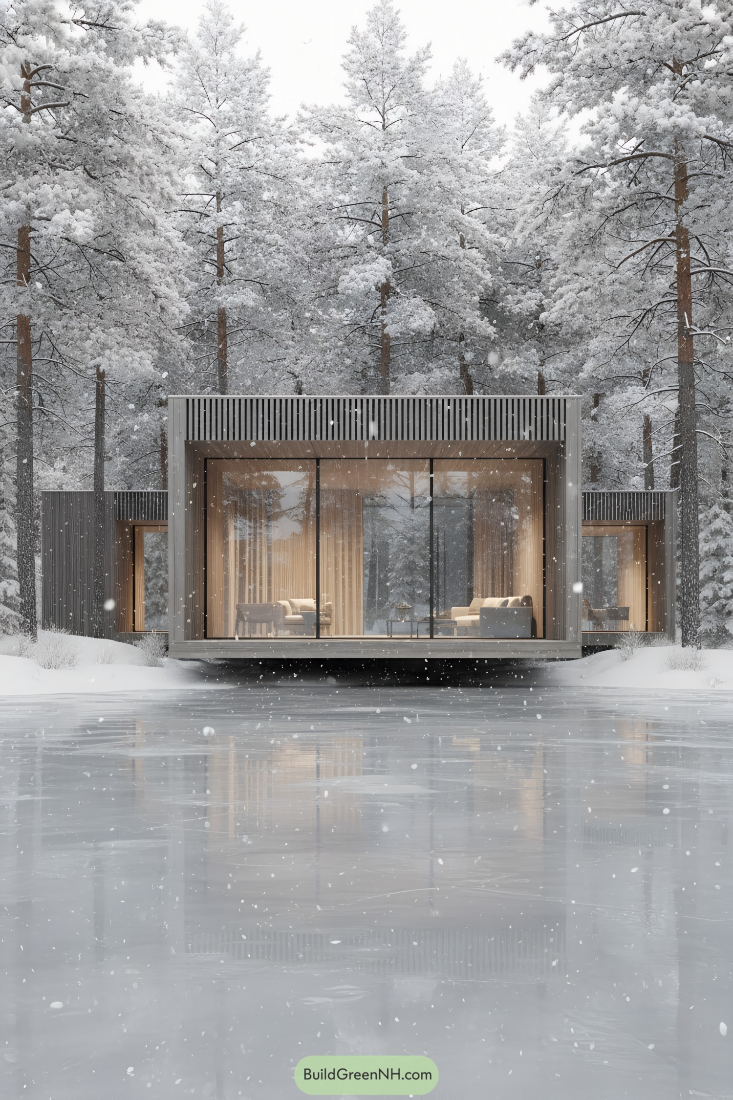 Modern cabin with glass facade in snowy pines