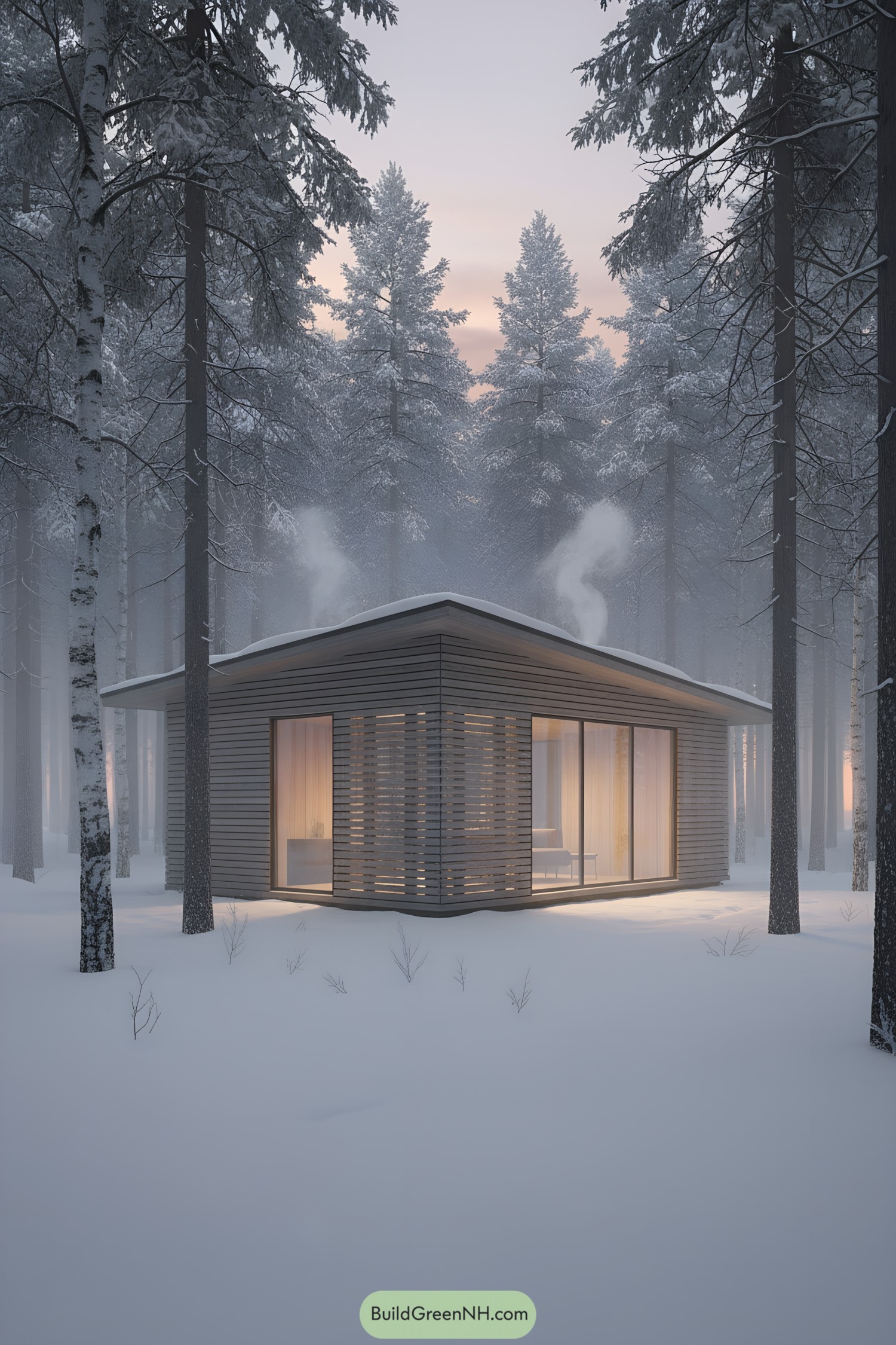 Modern cabin with slatted wood and glass glowing in snowy forest