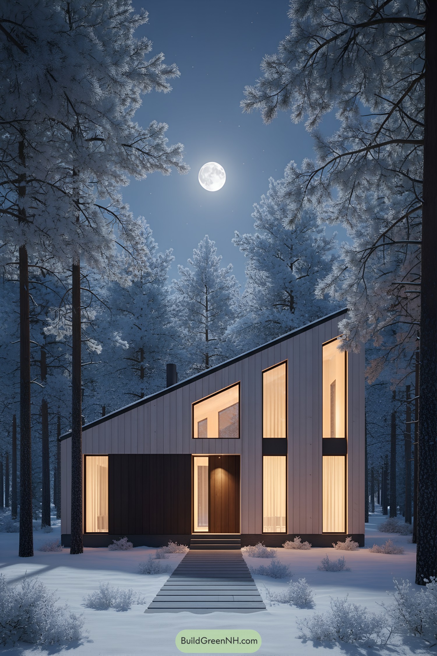 Modern cabin with slanted roof glowing at night among snowy pines