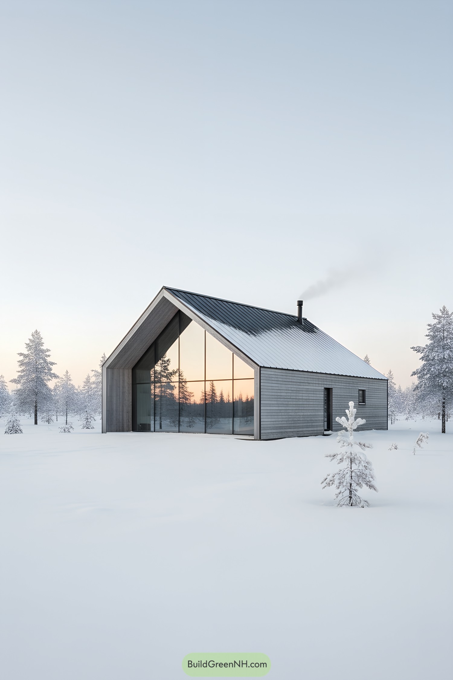 Minimalist gabled cabin with glass facade in snowy forest at dawn