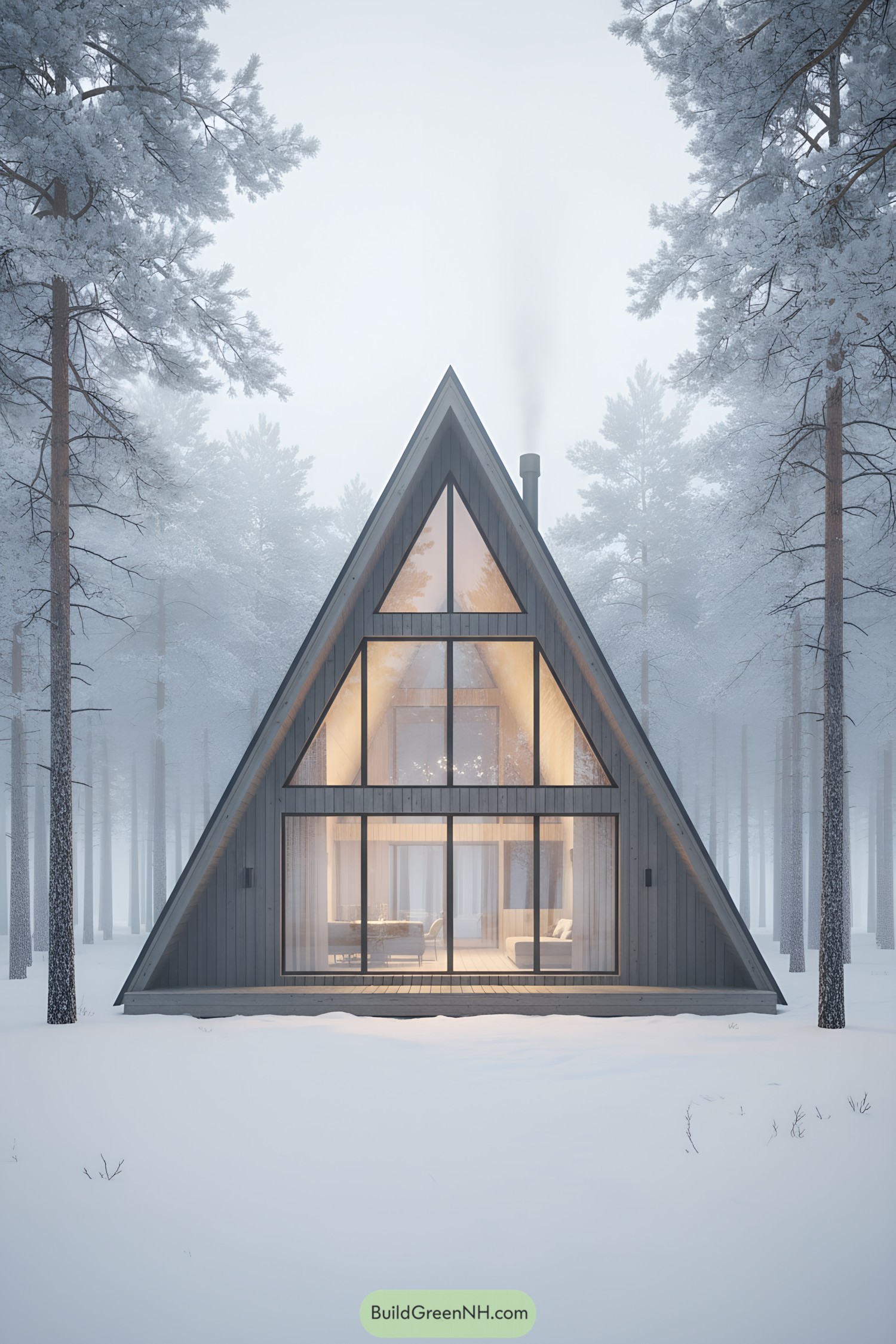A-frame cabin with tall glass facade in snowy woods