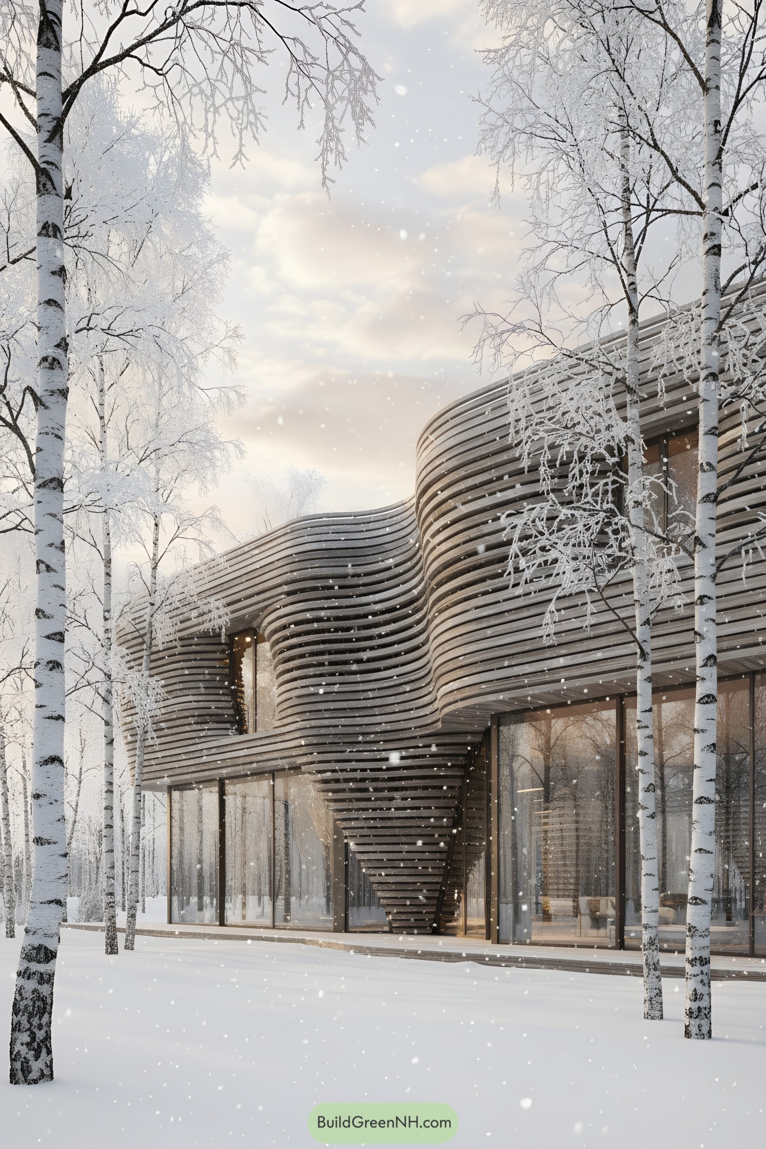 Curving timber-clad forest house in snowfall