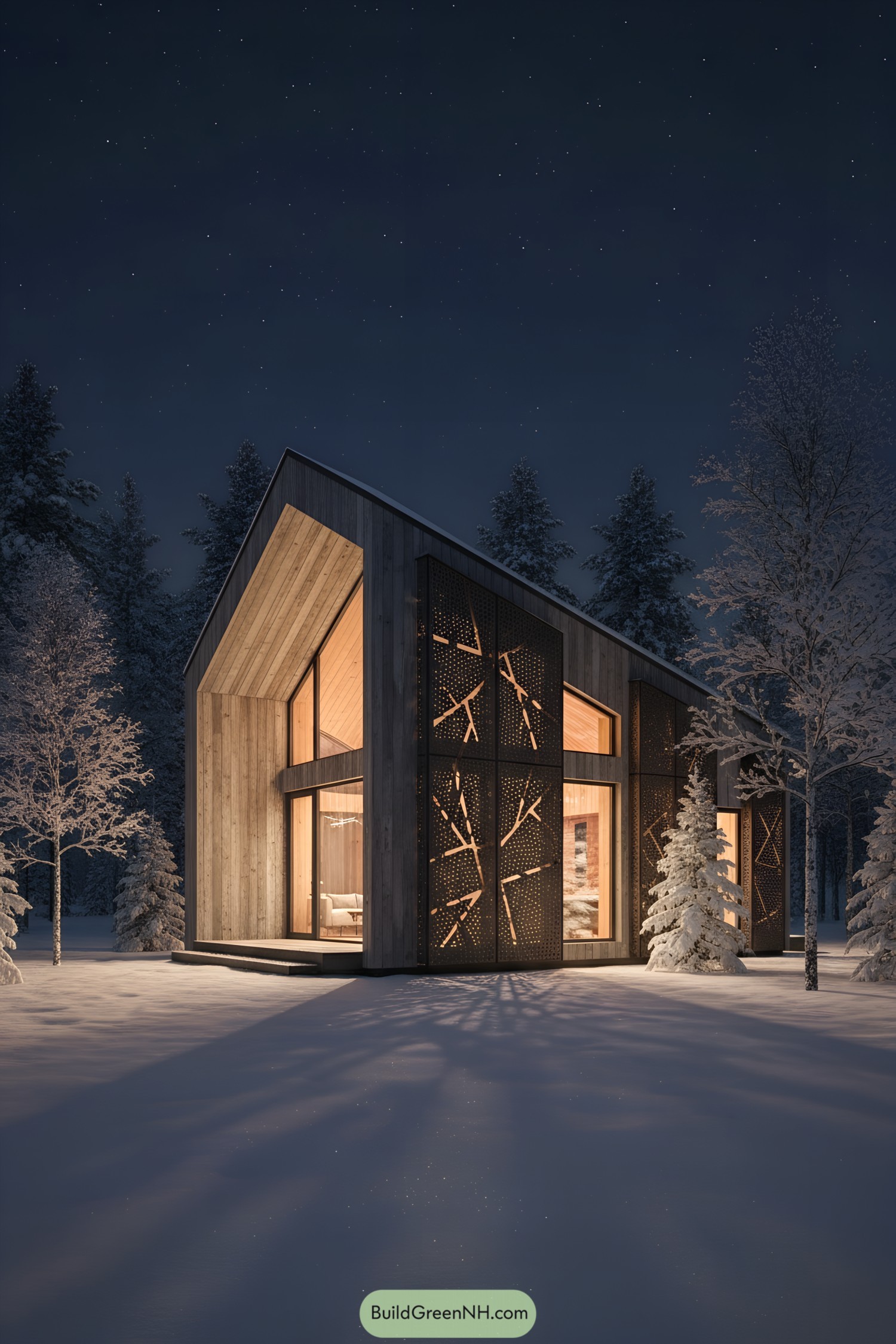 Modern forest cabin glowing at night