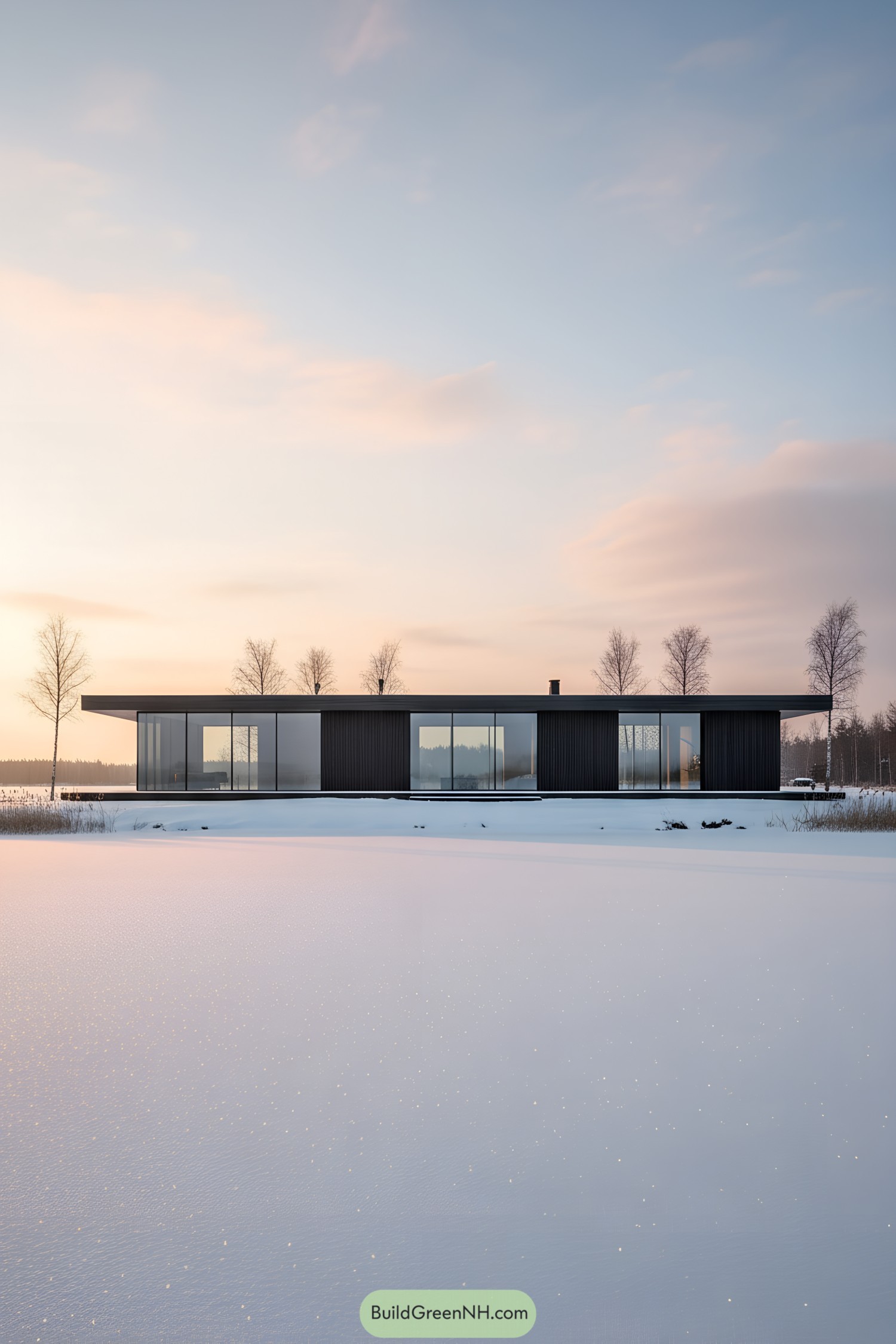 Low-slung black timber house with wide eaves and full-height glass facing a snowy clearing at sunset