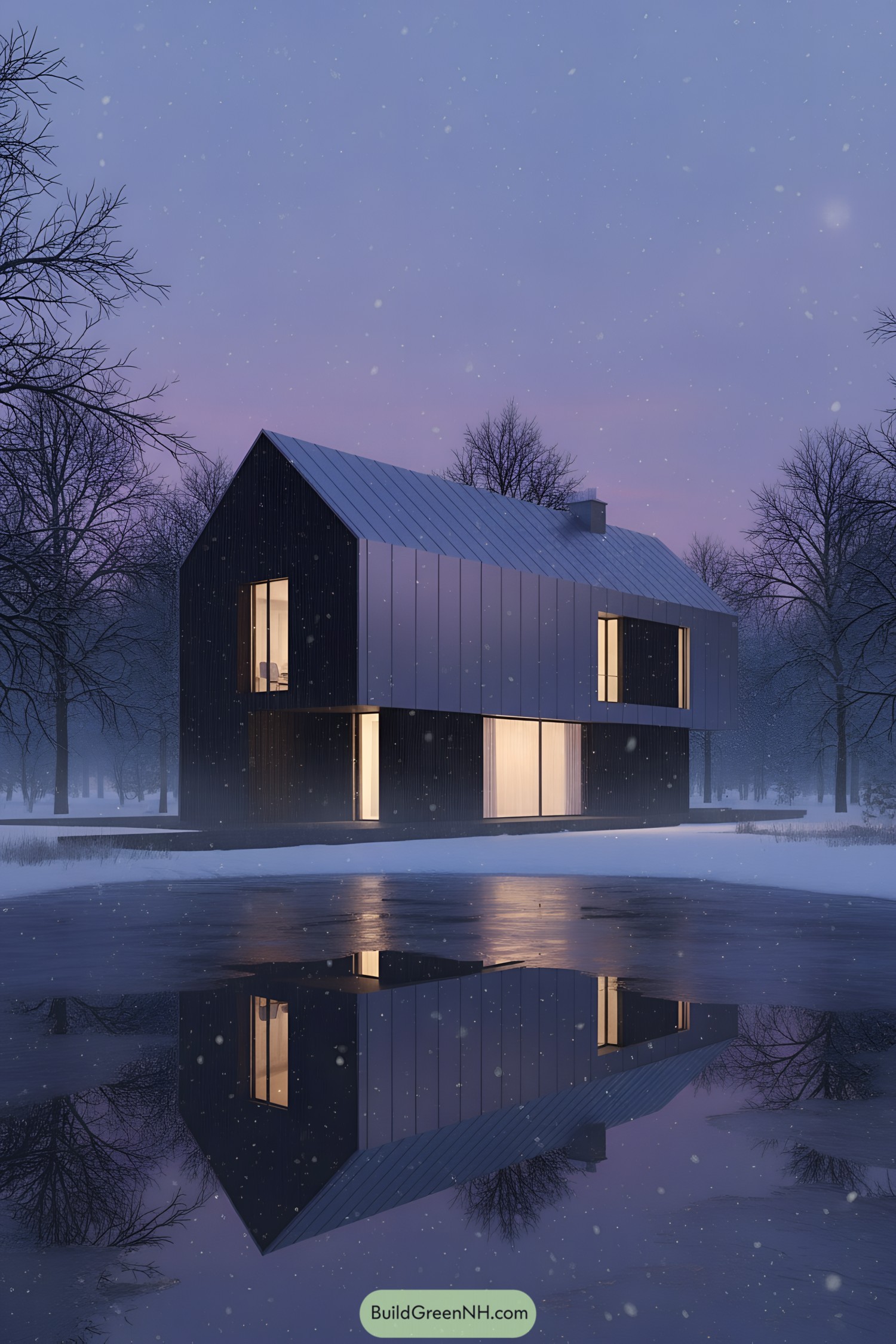 Modern cabin with metal gable roof in snowy forest