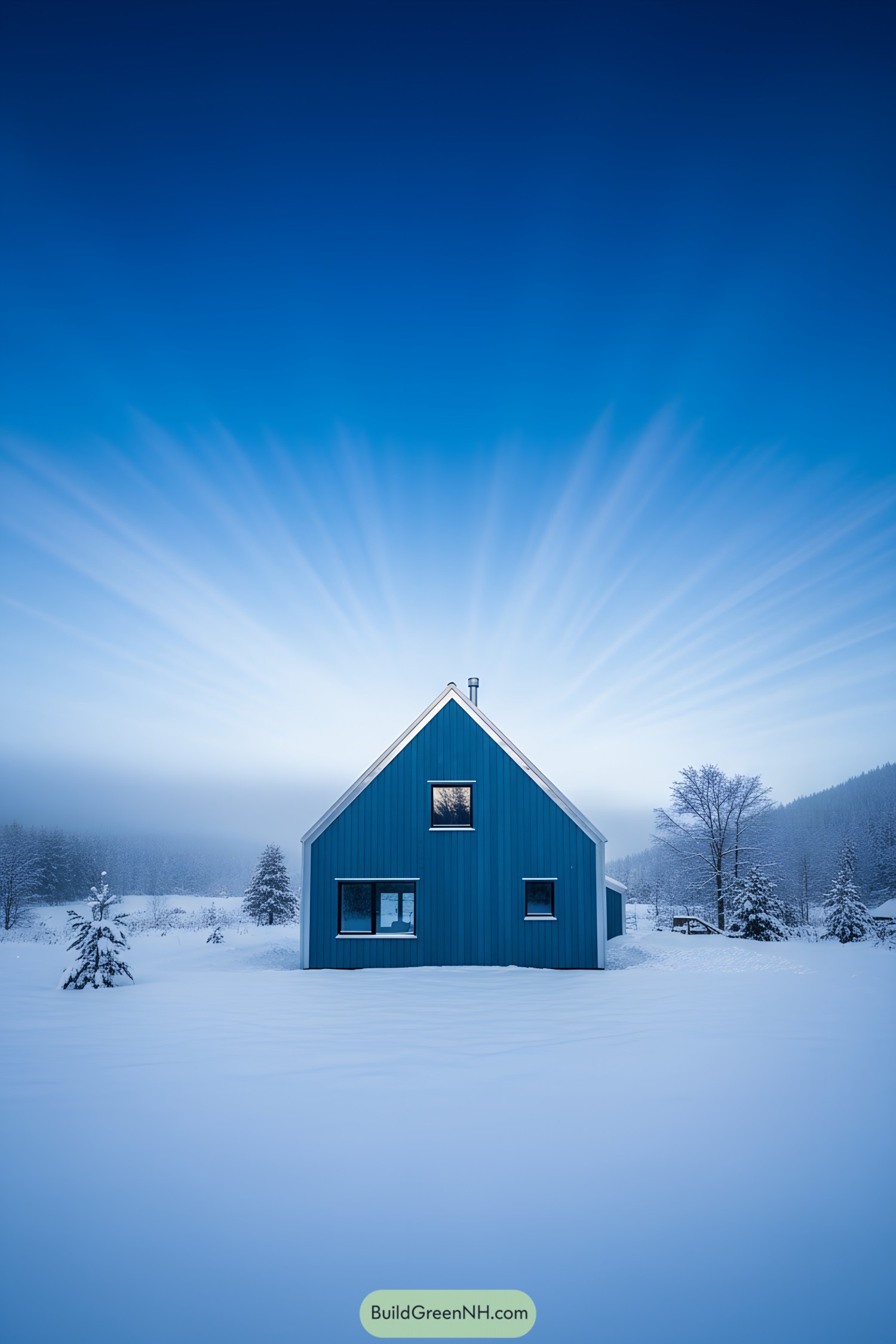 Blue gable cottage in snowy field at dawn
