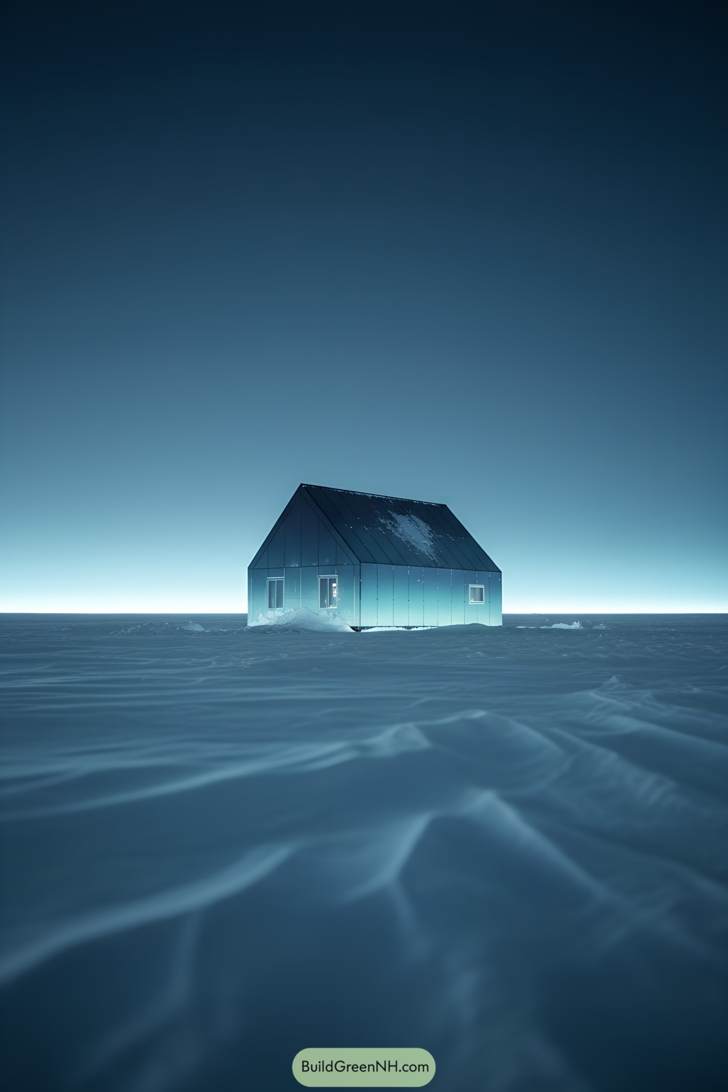 Minimal gable cottage with icy blue cladding under a twilight sky