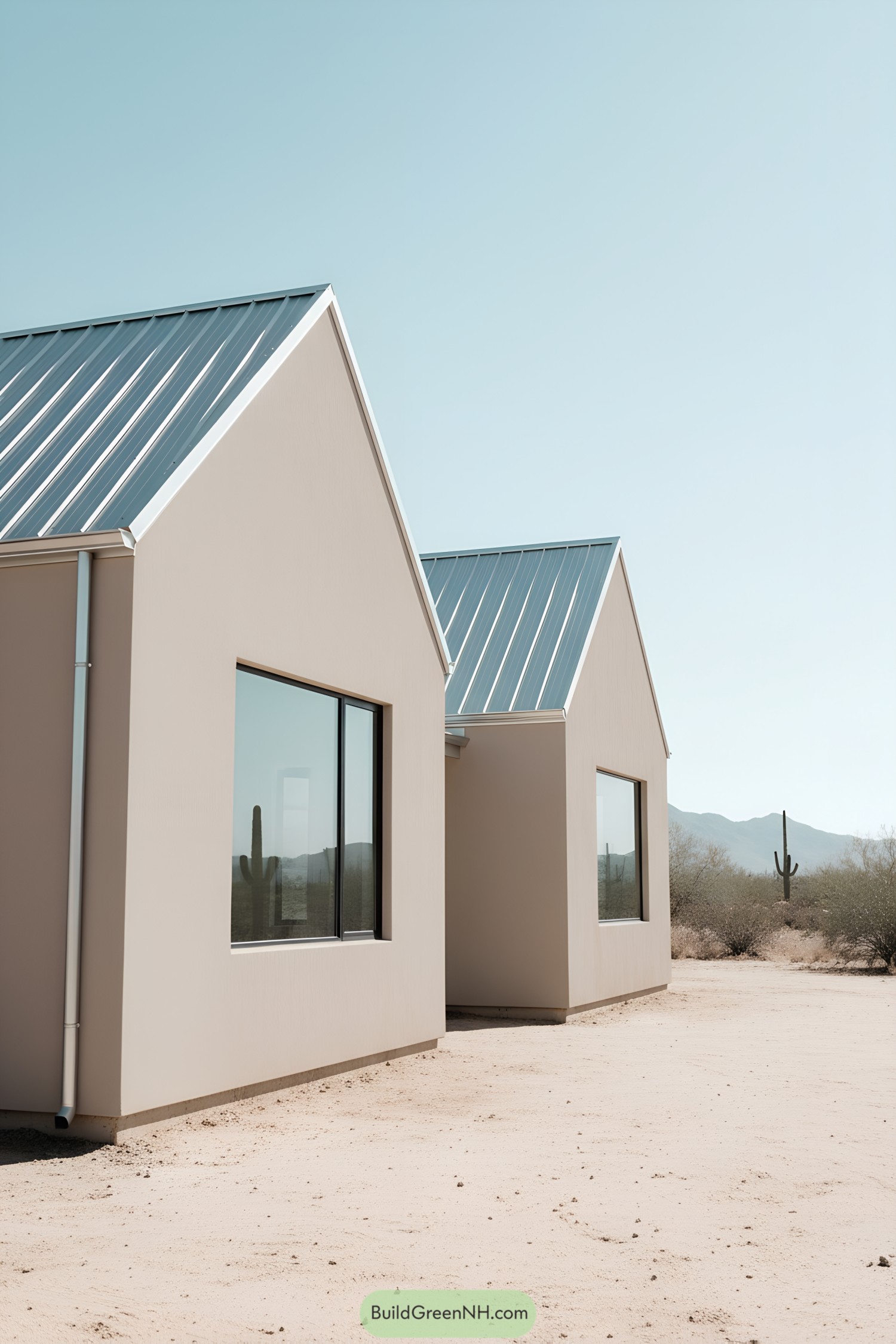 Minimalist beige gable cottage with metal roofs