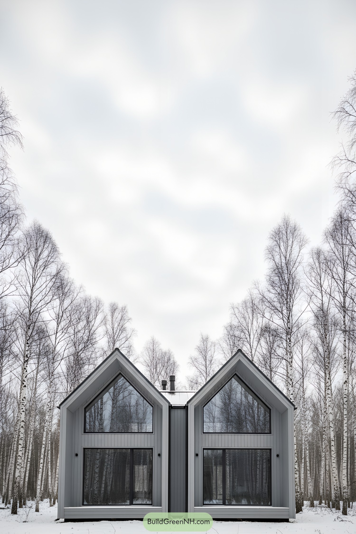 Modern twin-gable cottage with large windows in a snowy birch grove