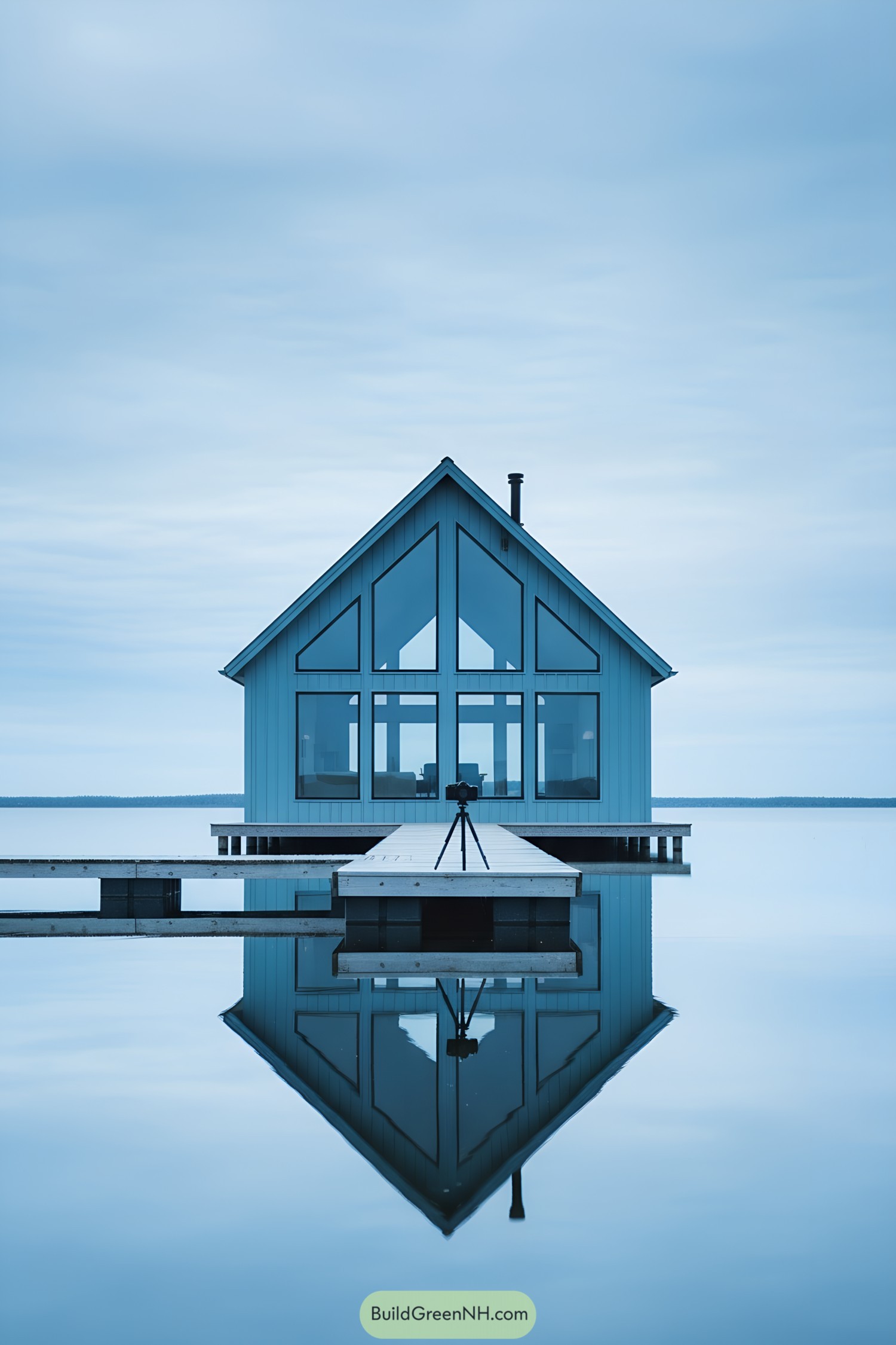 Modern lakeside cottage with tall windows