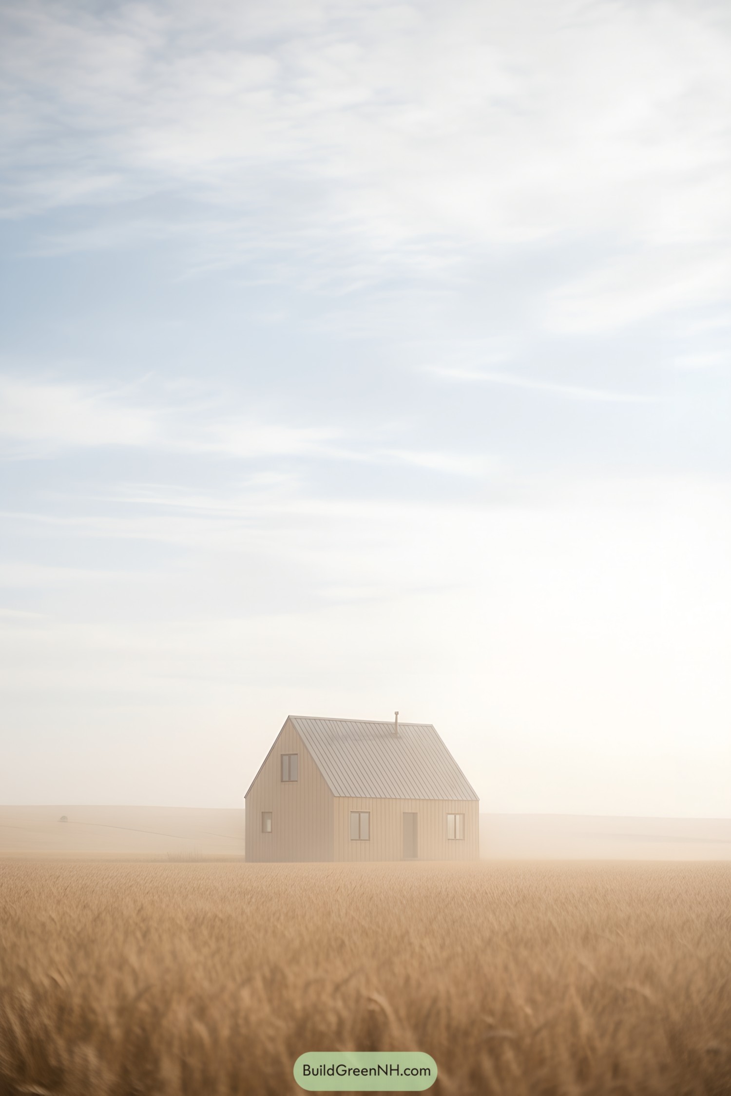 Small beige gable cottage in a misty wheat field under a bright sky