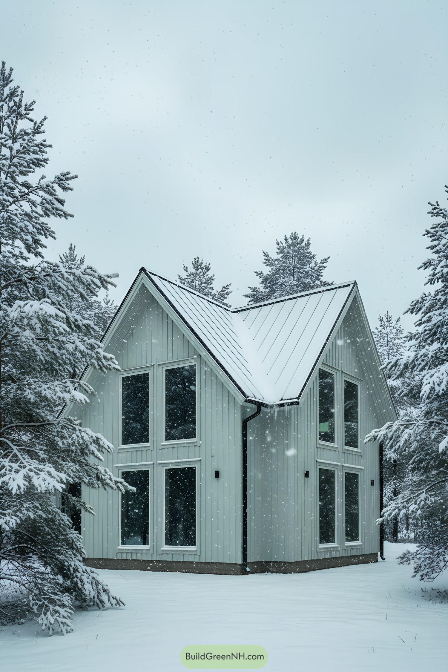 Modern A-frame cottage in fresh snowfall