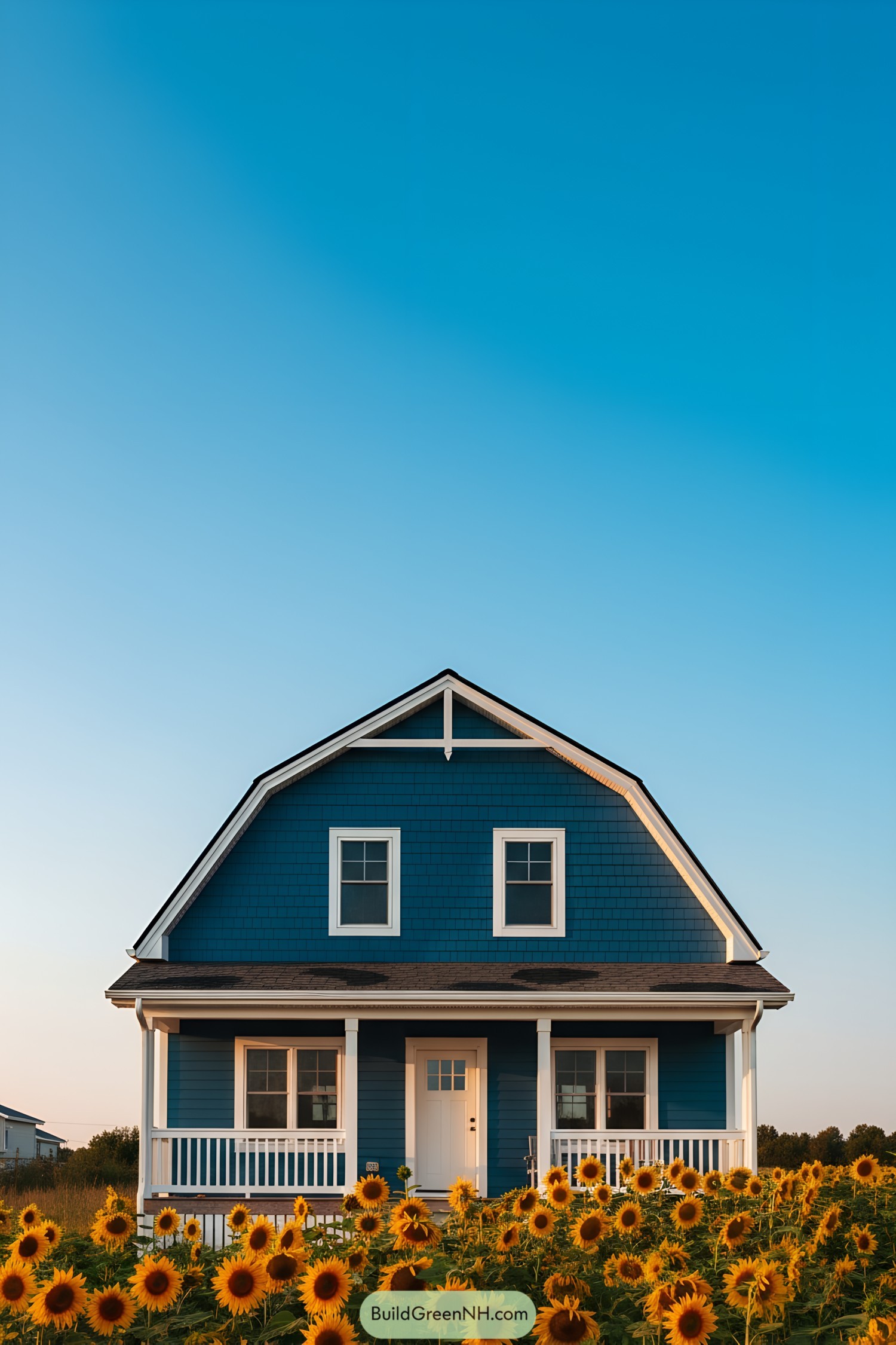 Blue gambrel cottage with white trim and sunflowers