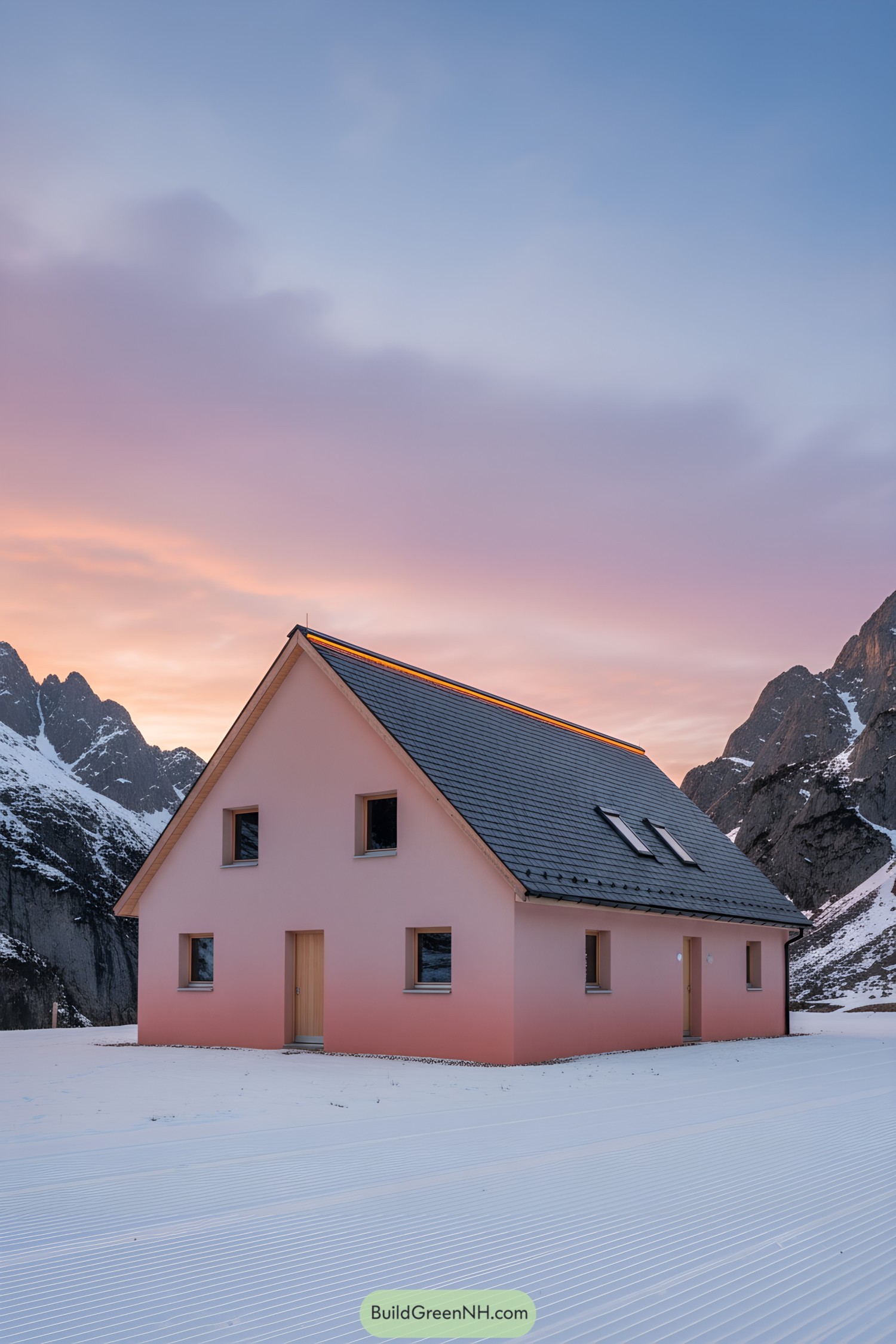 Pink cottage with dark gable roof at sunset