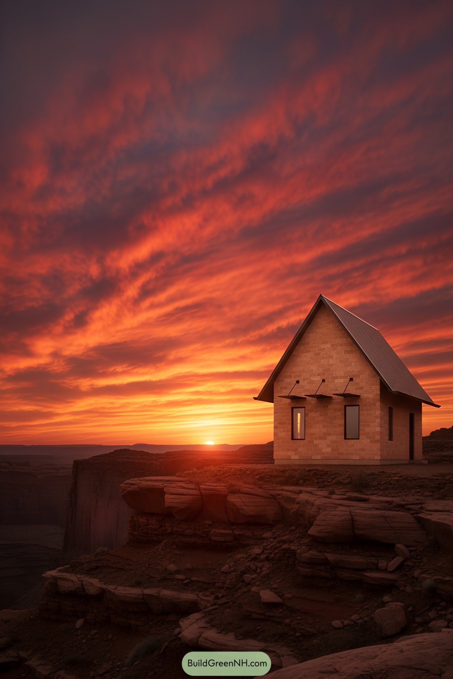Small desert-edge cottage at sunset