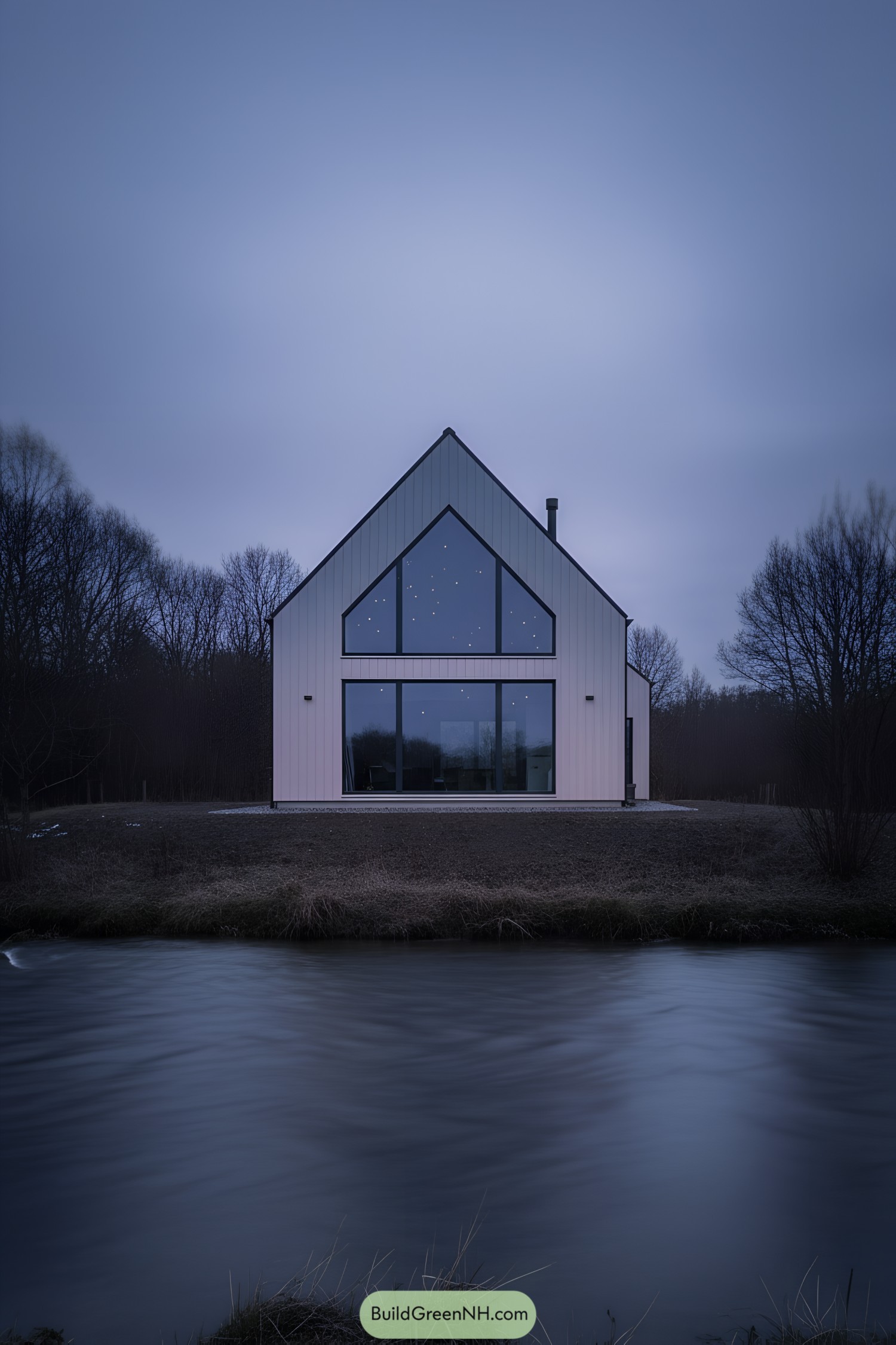 Modern gabled cottage with tall triangular windows by a calm river at dusk