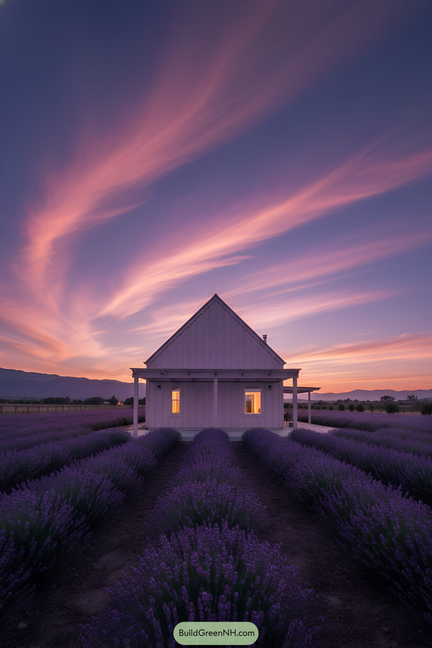 Small white gable cottage amid lavender fields at sunset