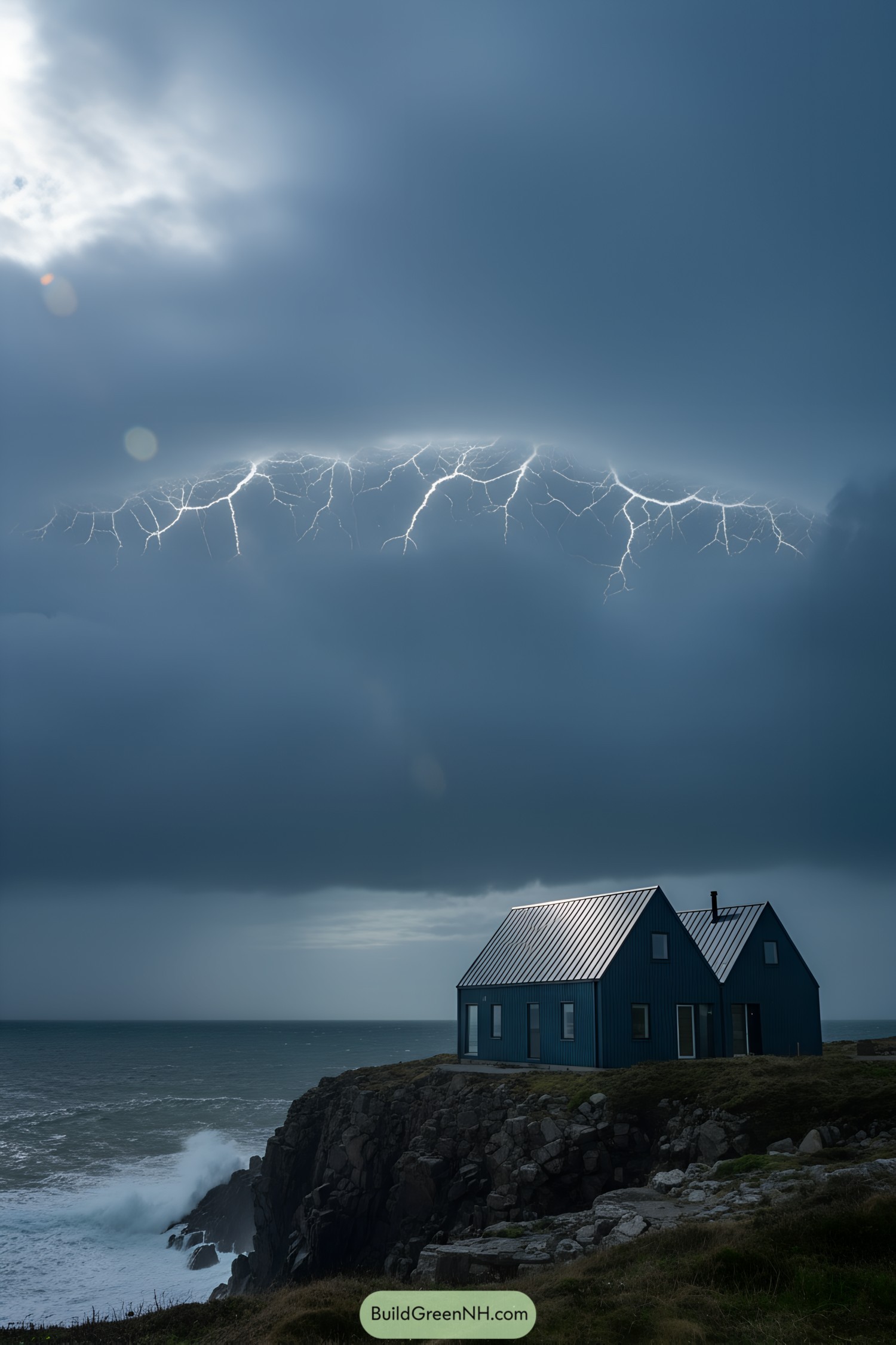 Blue cottage on rocky sea cliff under lightning-streaked storm clouds