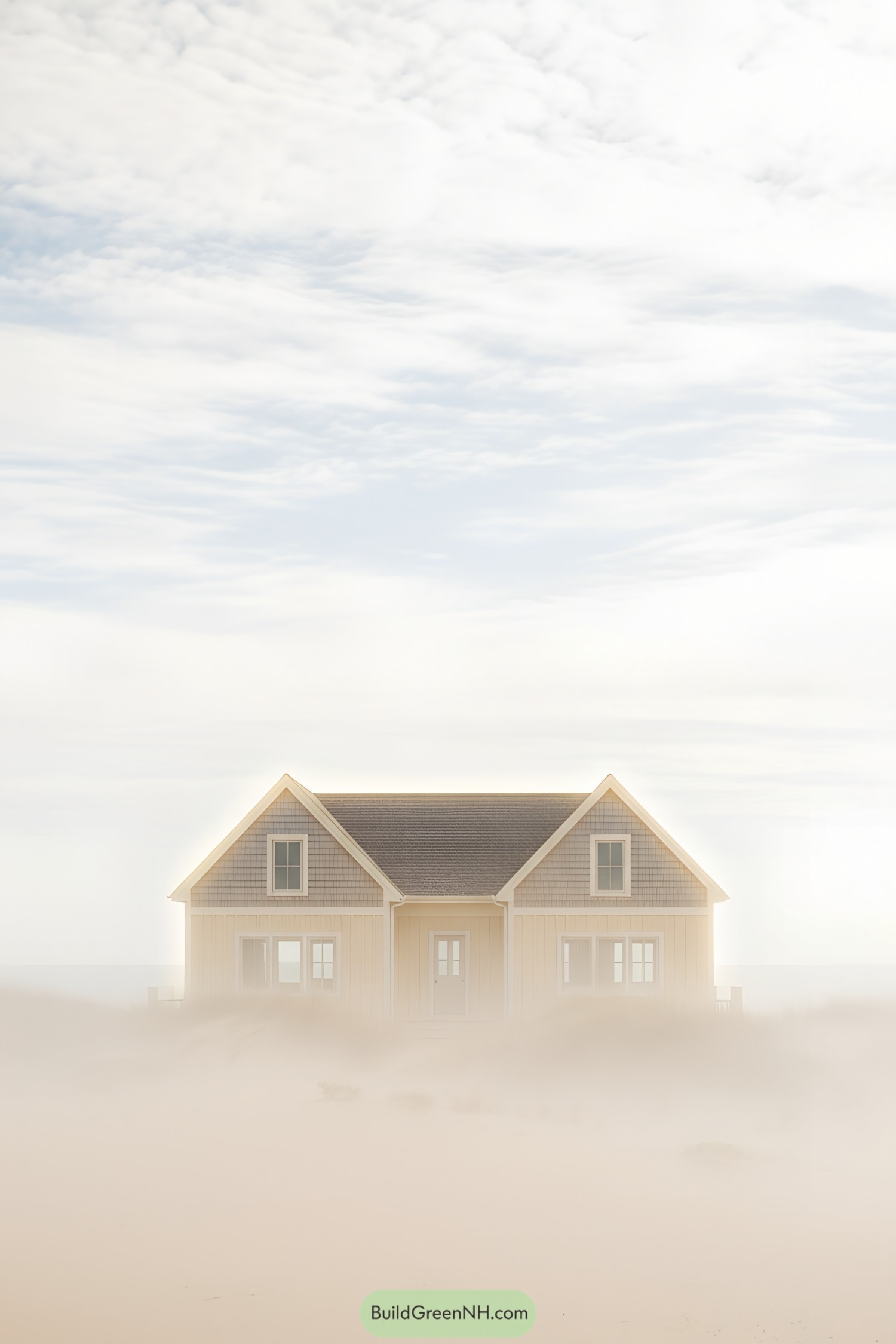 Beige gable cottage emerging through seaside mist