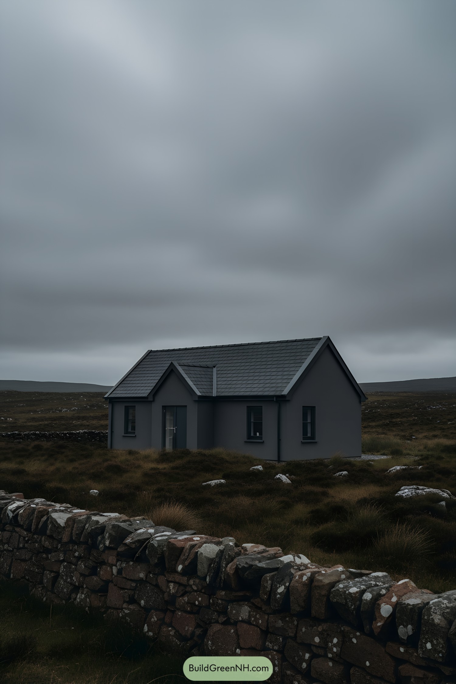 Small gray gabled cottage under overcast sky