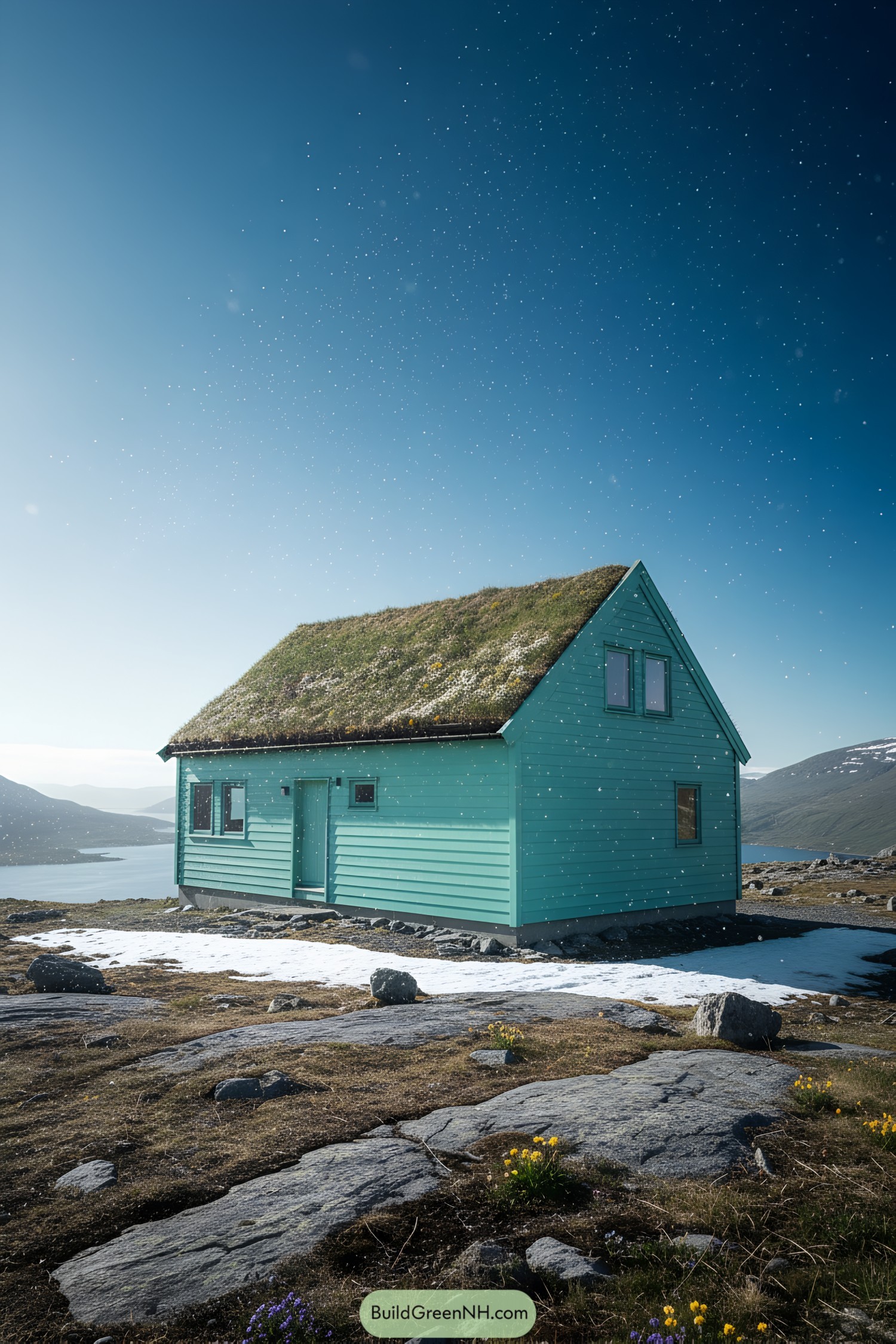 Turquoise gable cottage with living grass roof