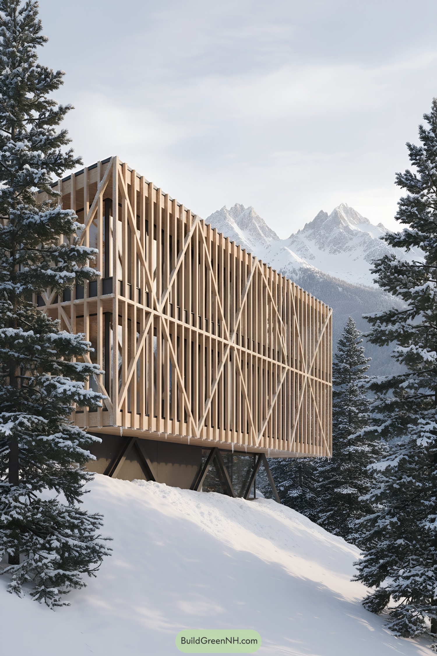 Modern timber lattice cabin on stilts amid snowy pines with mountains in background