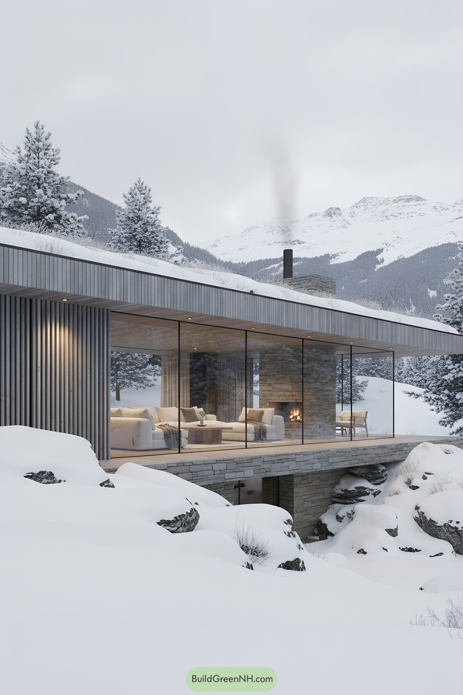 Modern glass cabin with stone hearth in snowy mountains