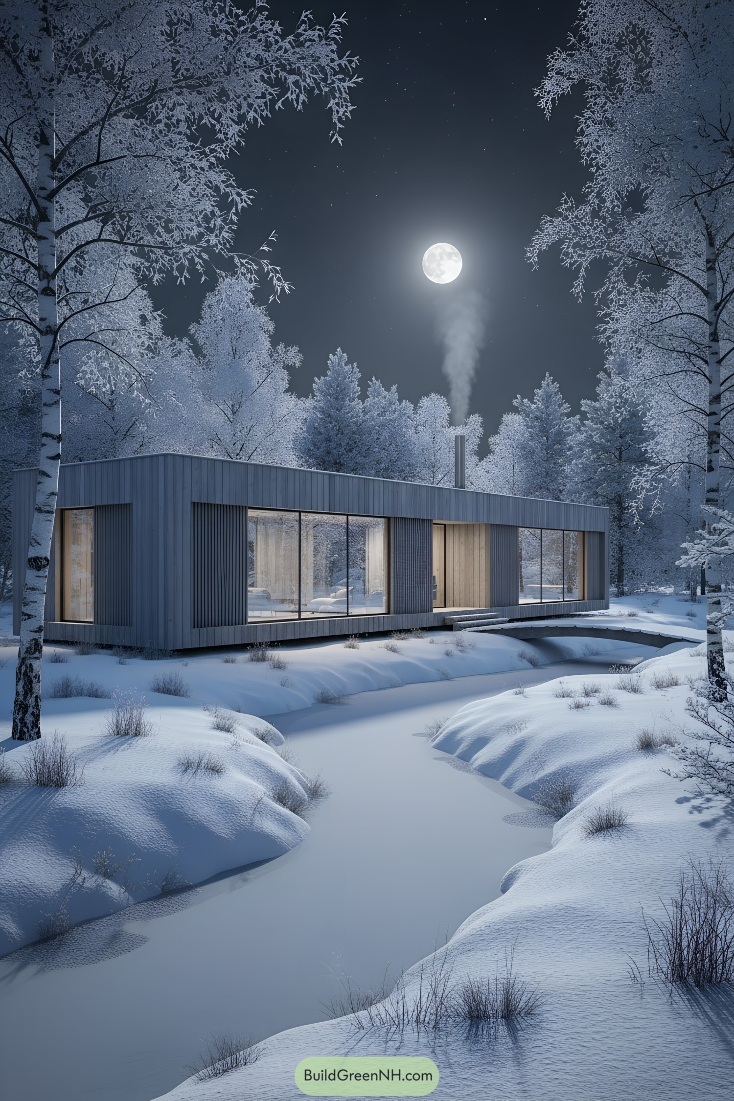 Modern cabin with long windows above a frozen creek under moonlight