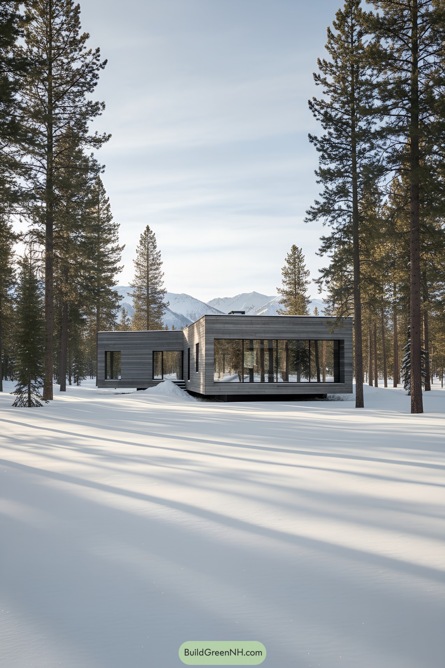 Modern timber-clad house with large glass walls set on a raised platform among tall pines and snowy ground