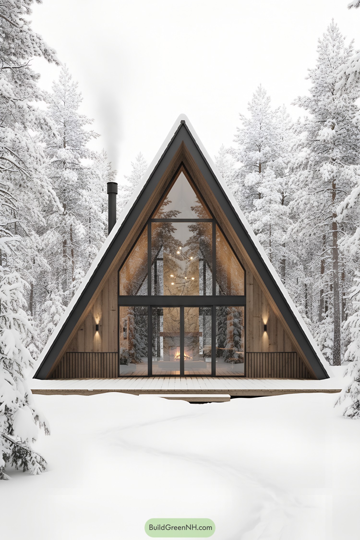 A-frame cabin with full-height glazing in snowy pines