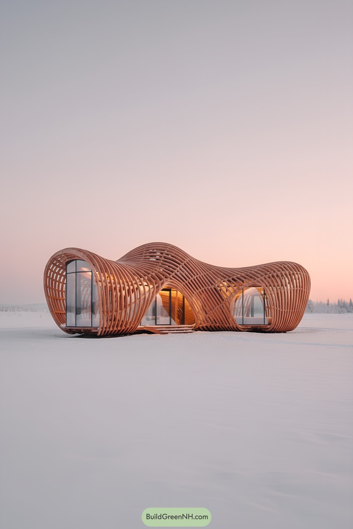 Organic timber pavilion with curving lattice and glass openings glowing on a snowy plain at sunset