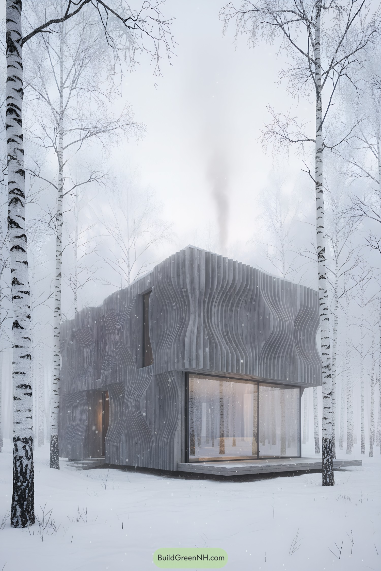 Modern forest house with rippled wood facade in winter snow