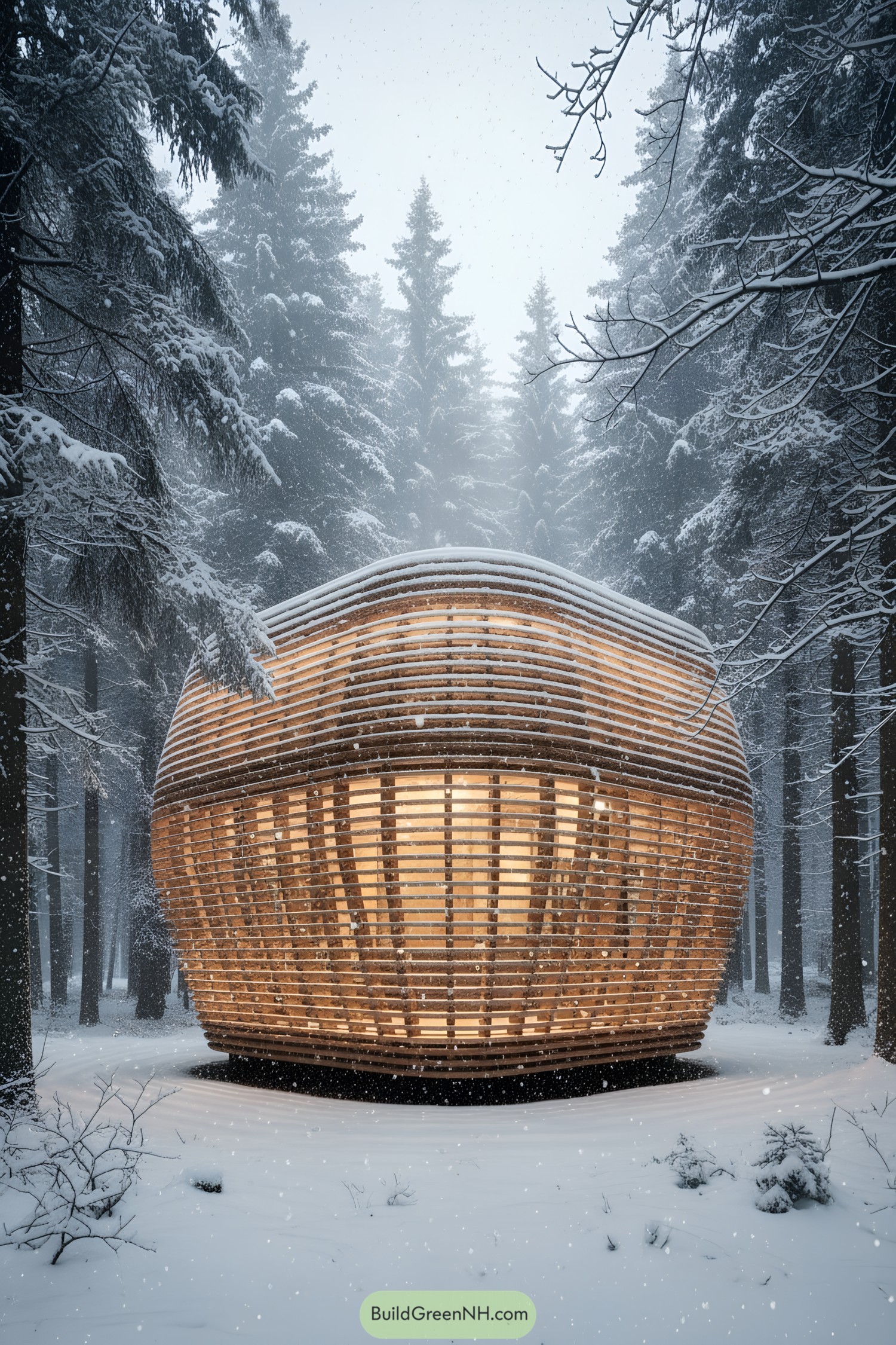 Wooden cocoon-shaped cabin glowing in snowy forest