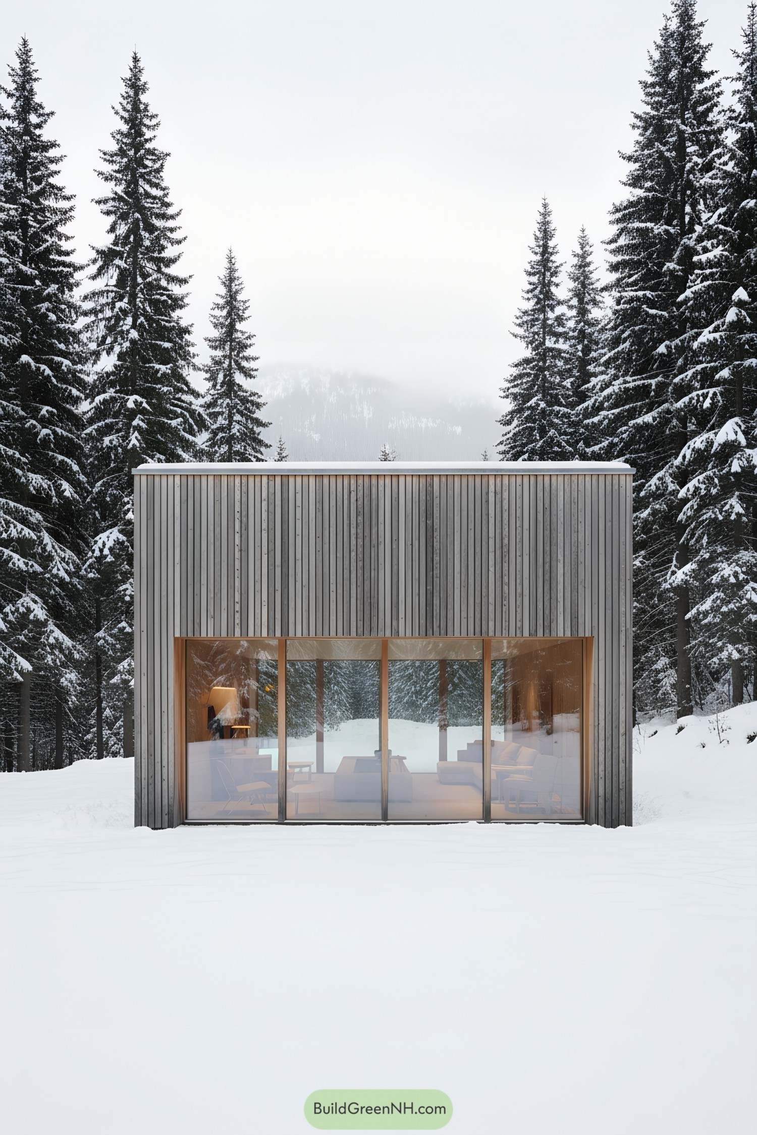 Minimalist wood cabin with glass facade
