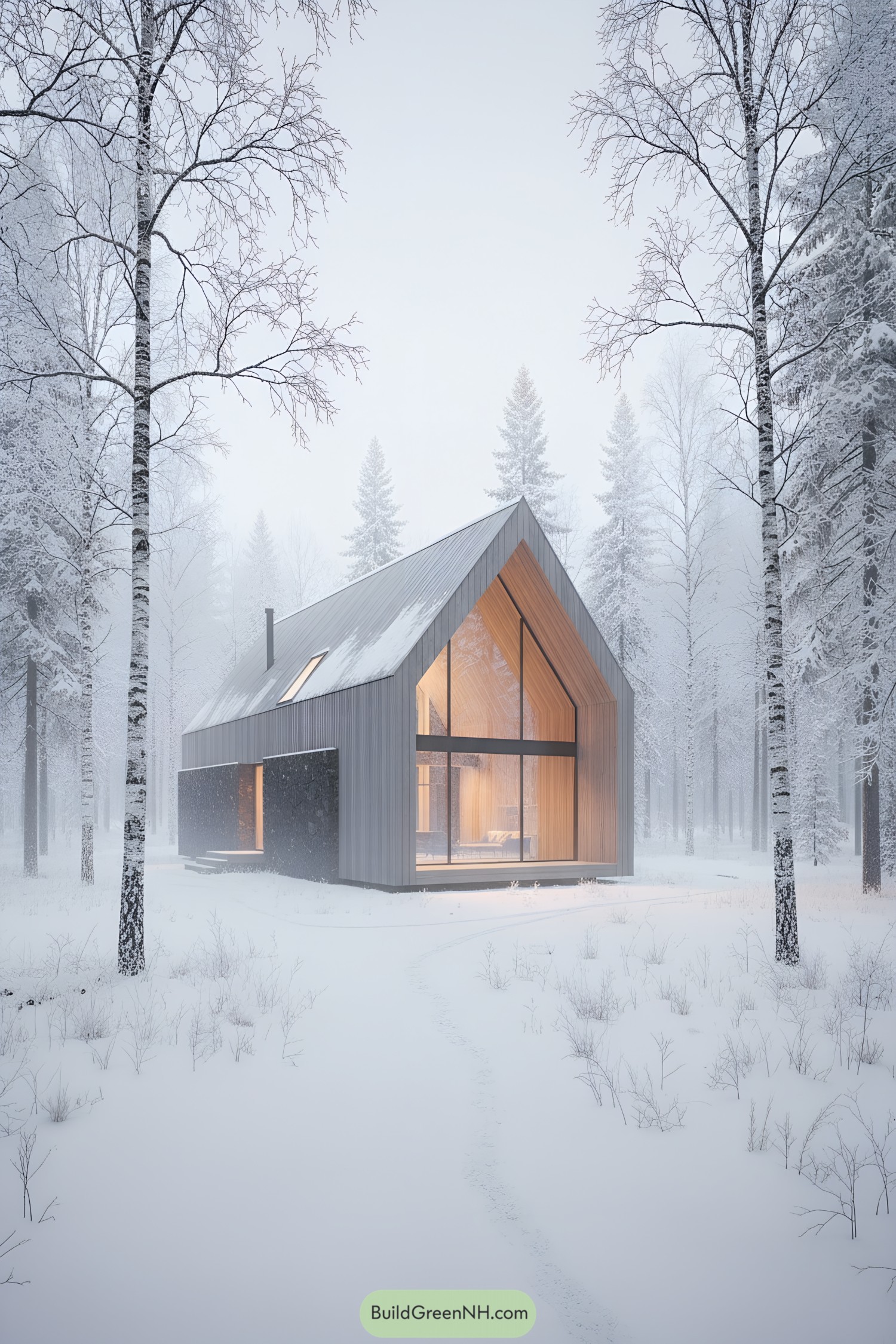 Modern gabled cabin with tall glass facade in snowy forest